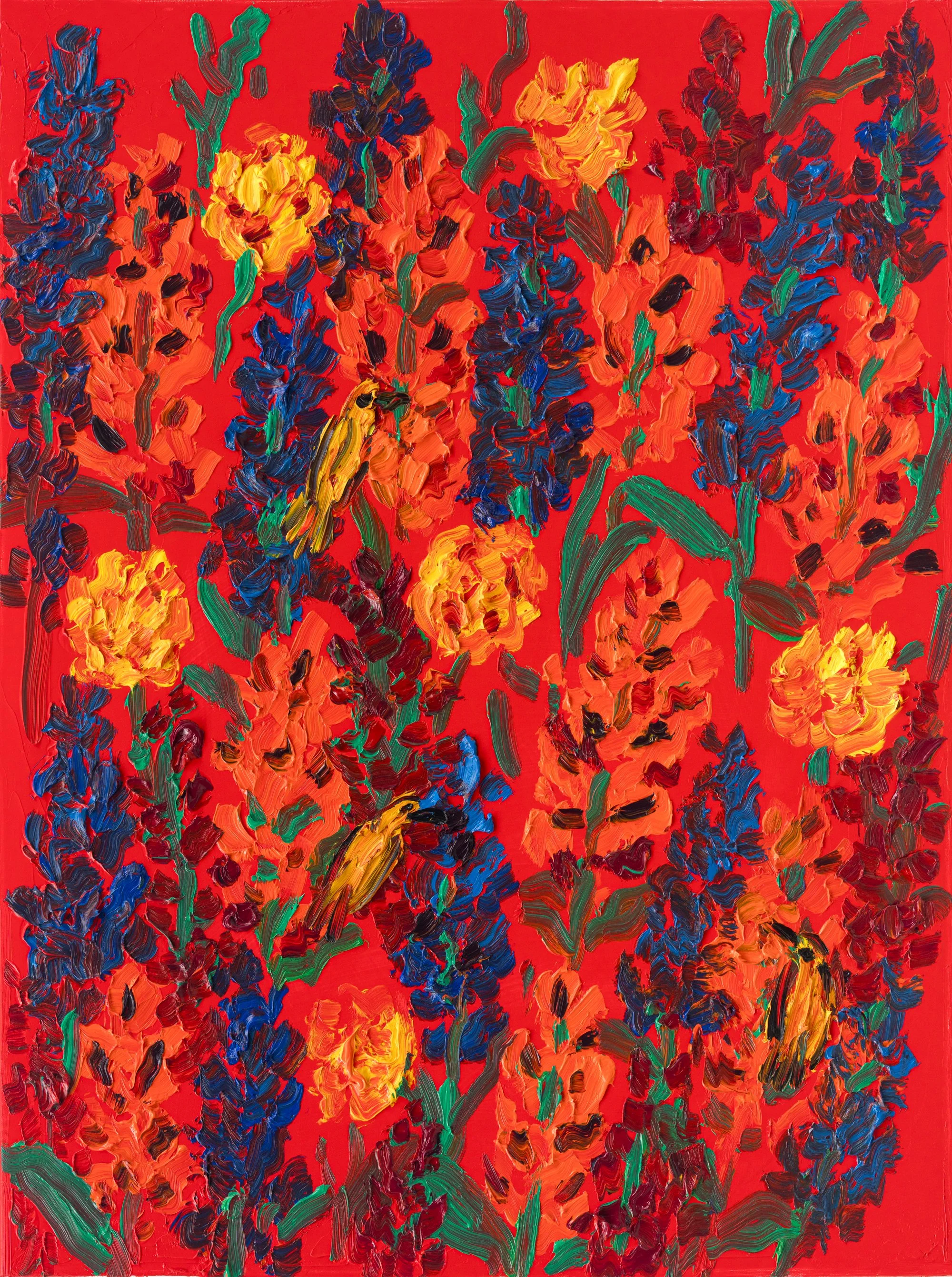 "Larkspur Gold Finch" 2026, Oil on Cancas, 40 x 30 inches