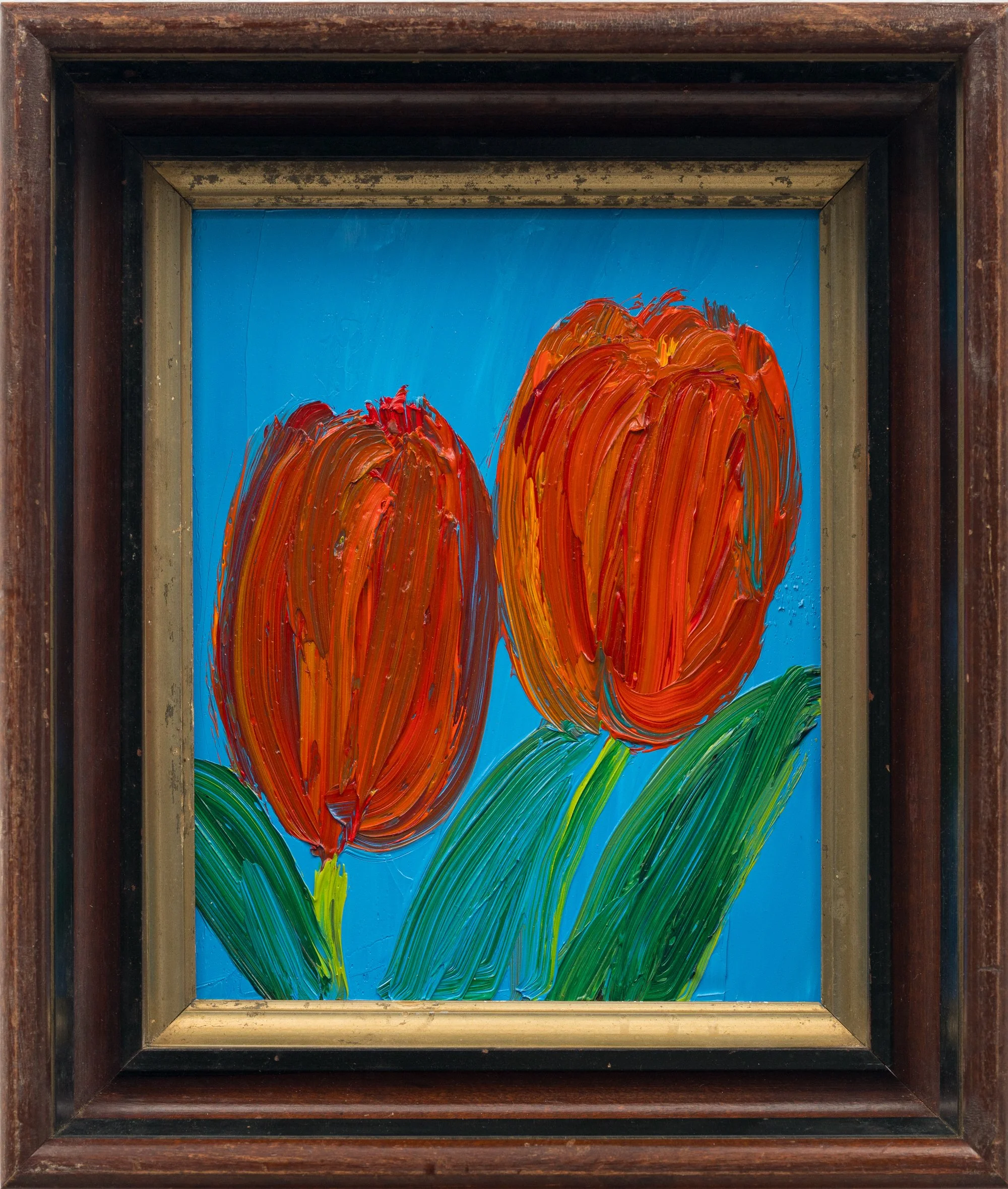 "Double Red Tulips" 2026, 10 x 8 inches, Oil on Wood. 