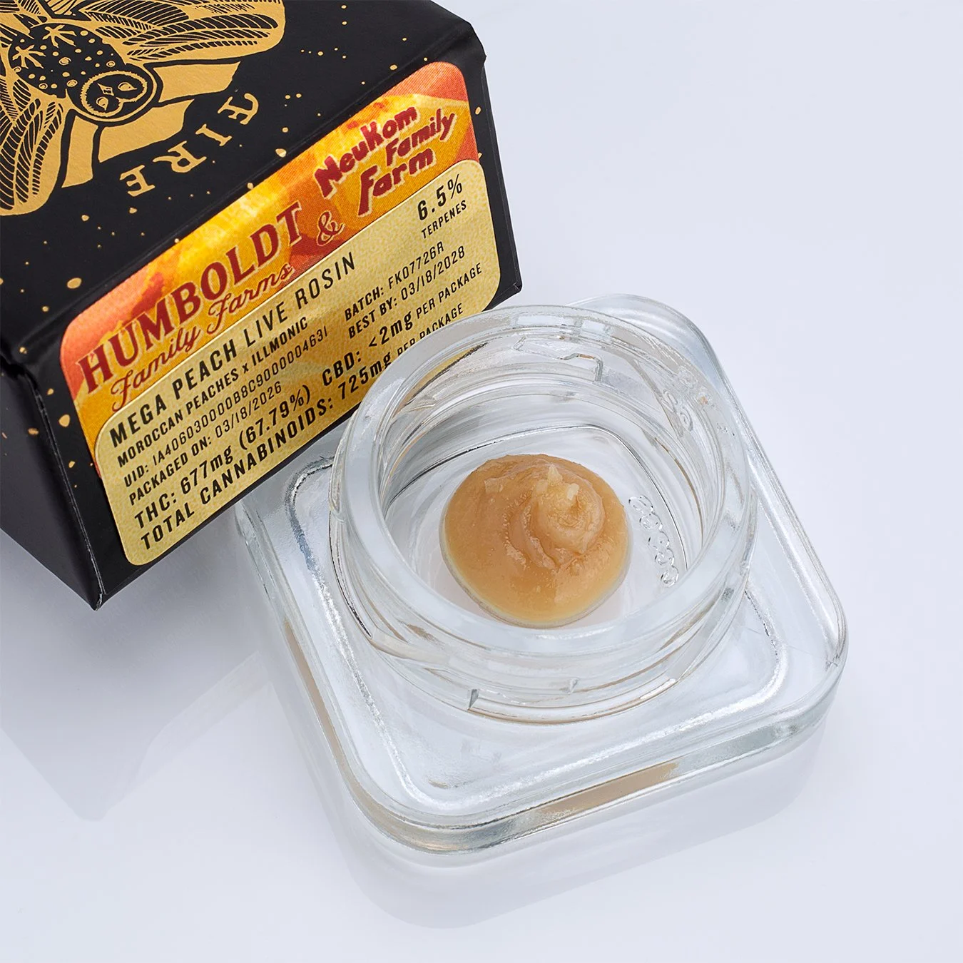 Mega Peach Cold Cured Live Rosin by Fire King.  Cultivation by Neukom Family Farm. 