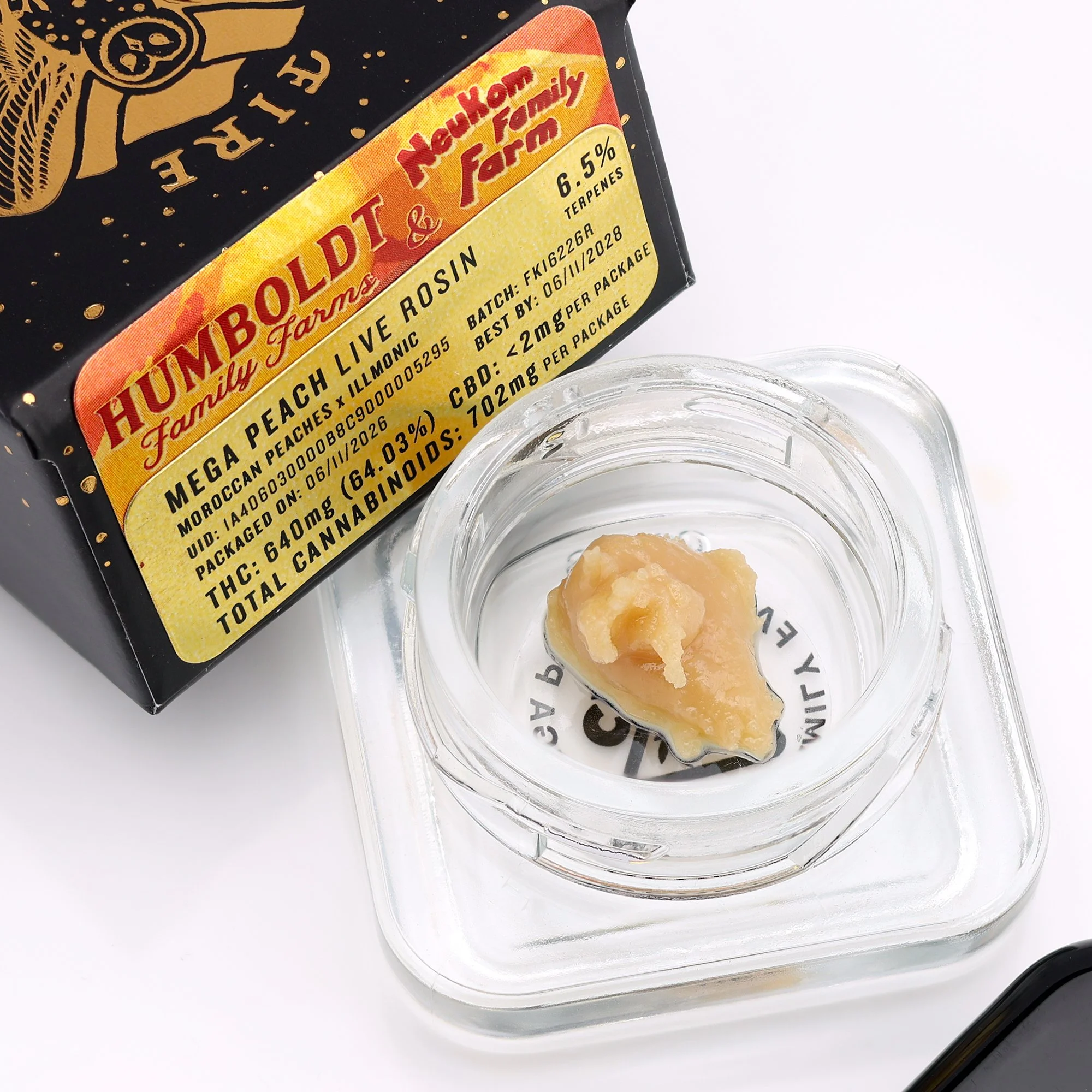 Mega Peach Cold Cured Live Rosin by Fire King.  Cultivation by Neukom Family Farm. 