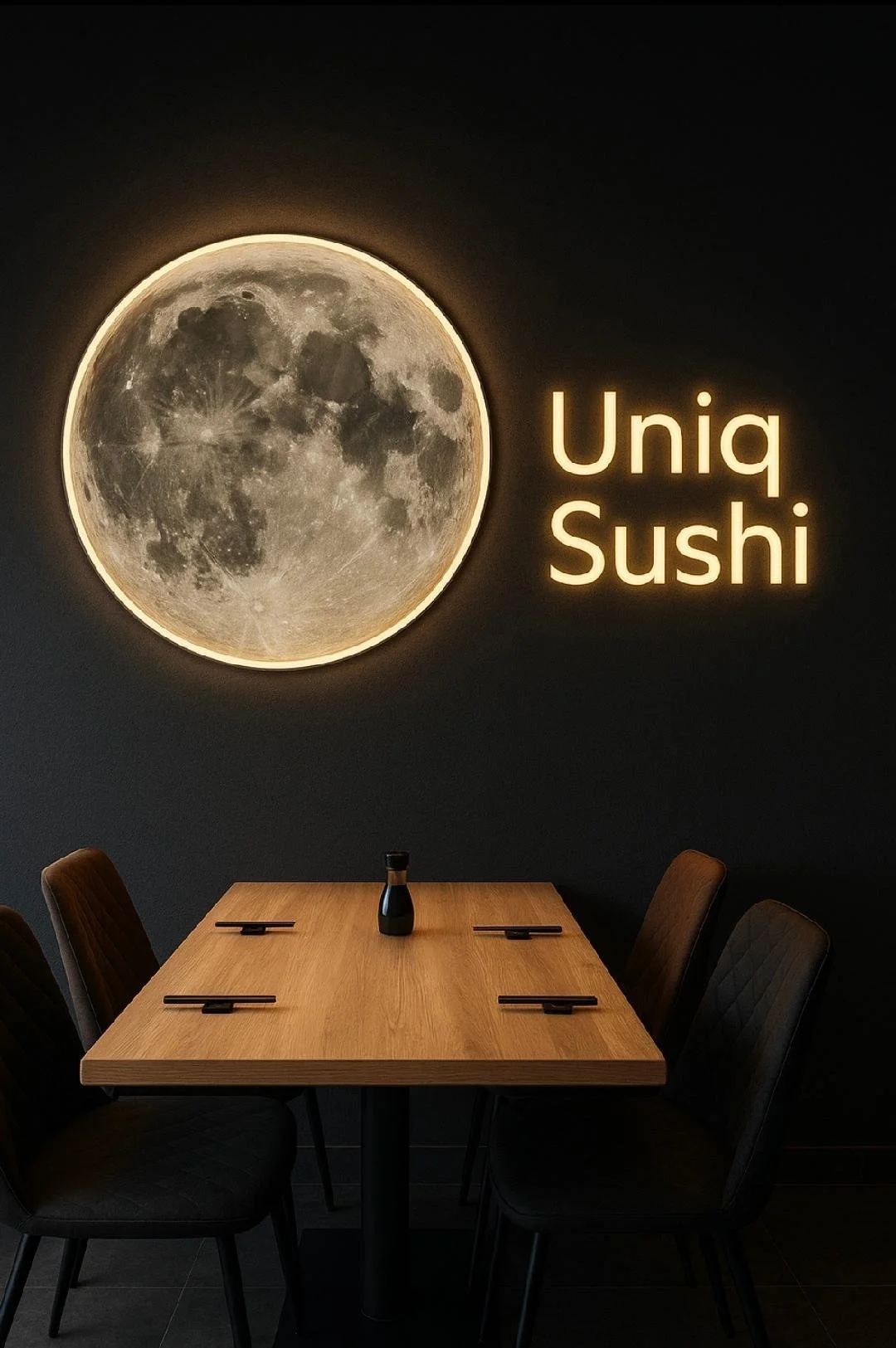 Interior of a restaurant with a moon-themed wall decor and neon sign reading 'Uniq Sushi', a wooden table set for four with chopsticks and a soy sauce bottle.