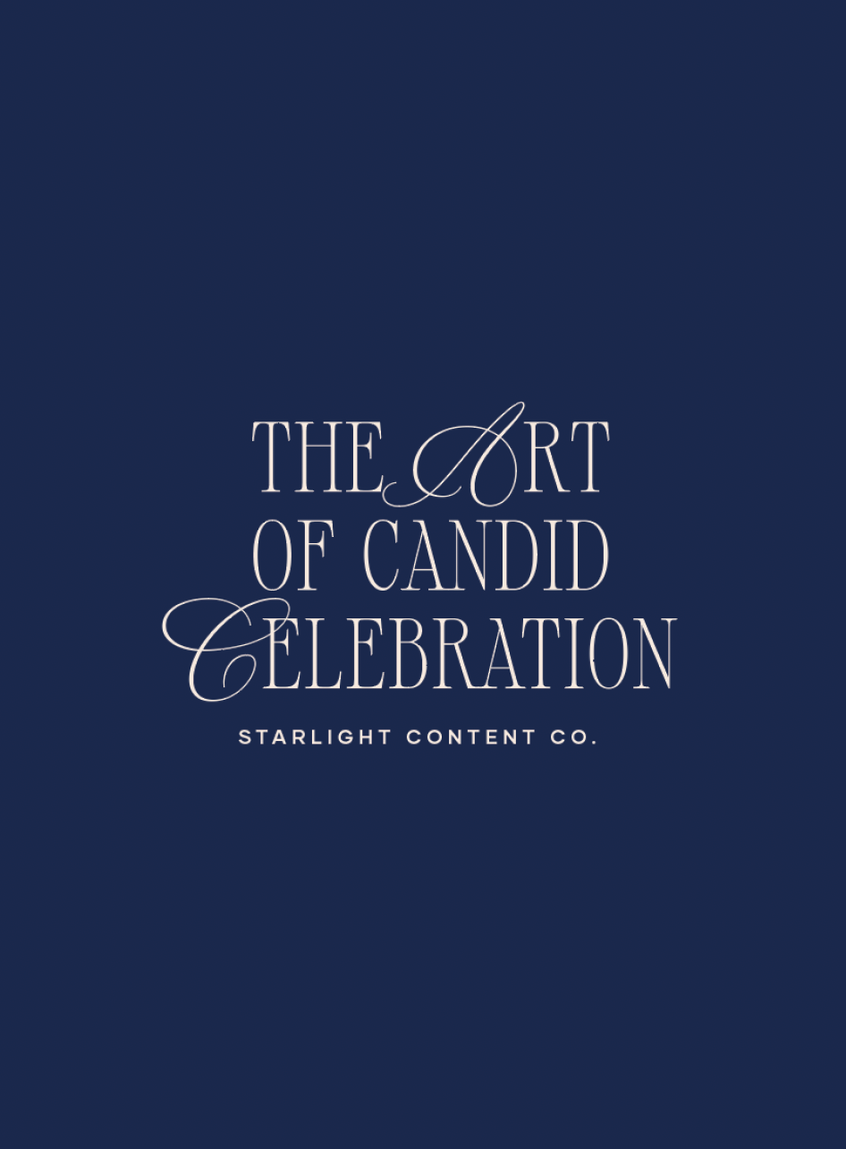 Cover page with dark blue gradient background and white elegant text reading 'The Art of Candid Celebration' and 'Starlight Content Co.'