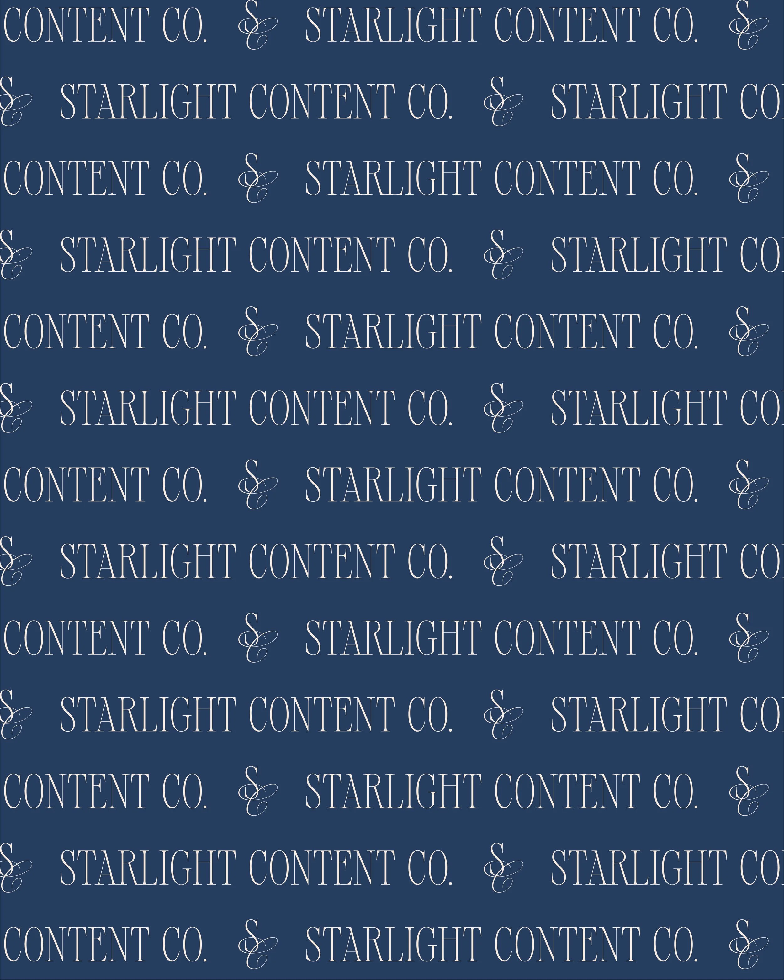 Patterned background featuring the text 'STARLIGHT CONTENT CO.' in white, with a decorative ampersand symbol repeated throughout on a dark blue background.