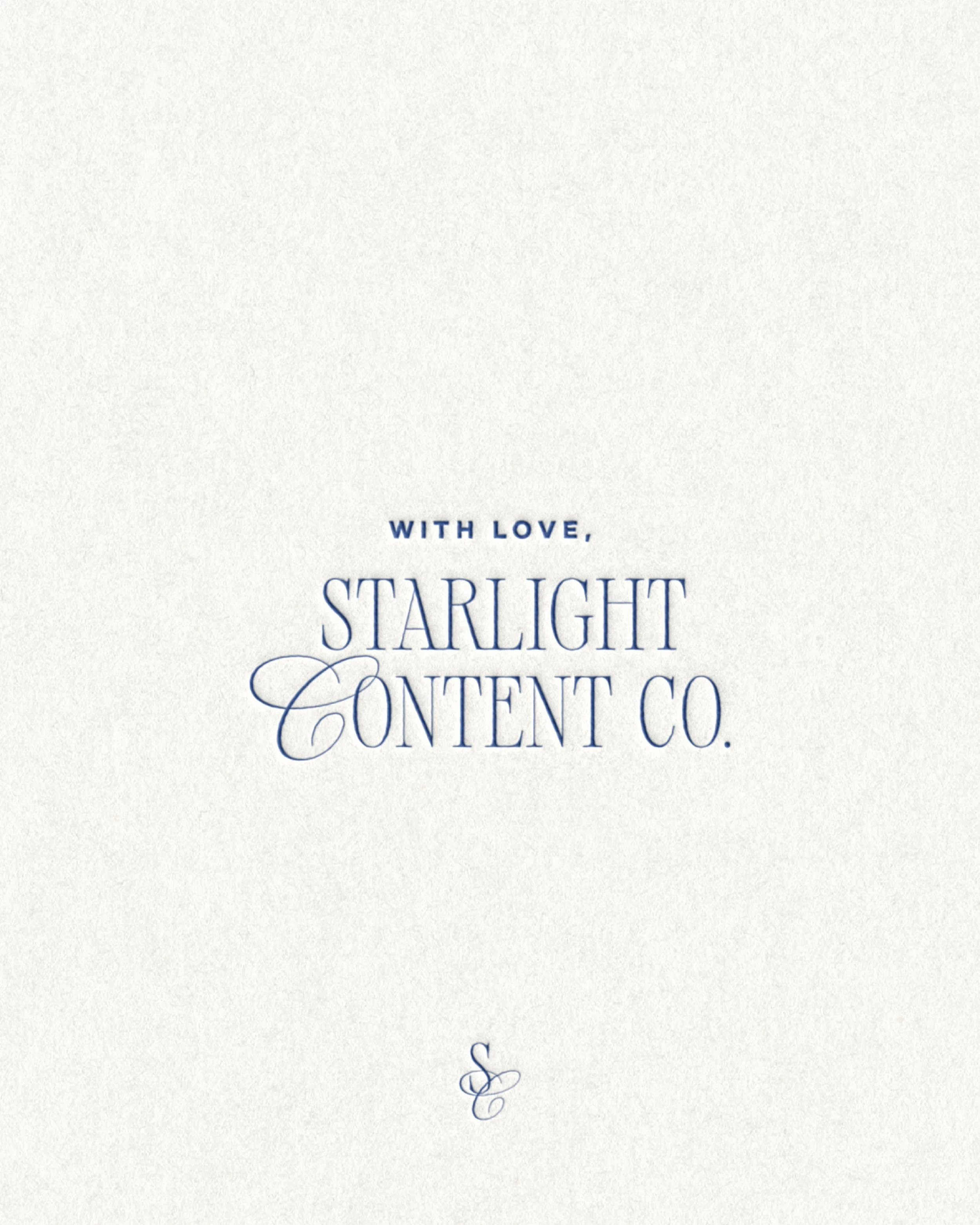 A white card with blue text that says, 'With love, Starlight Content Co.'