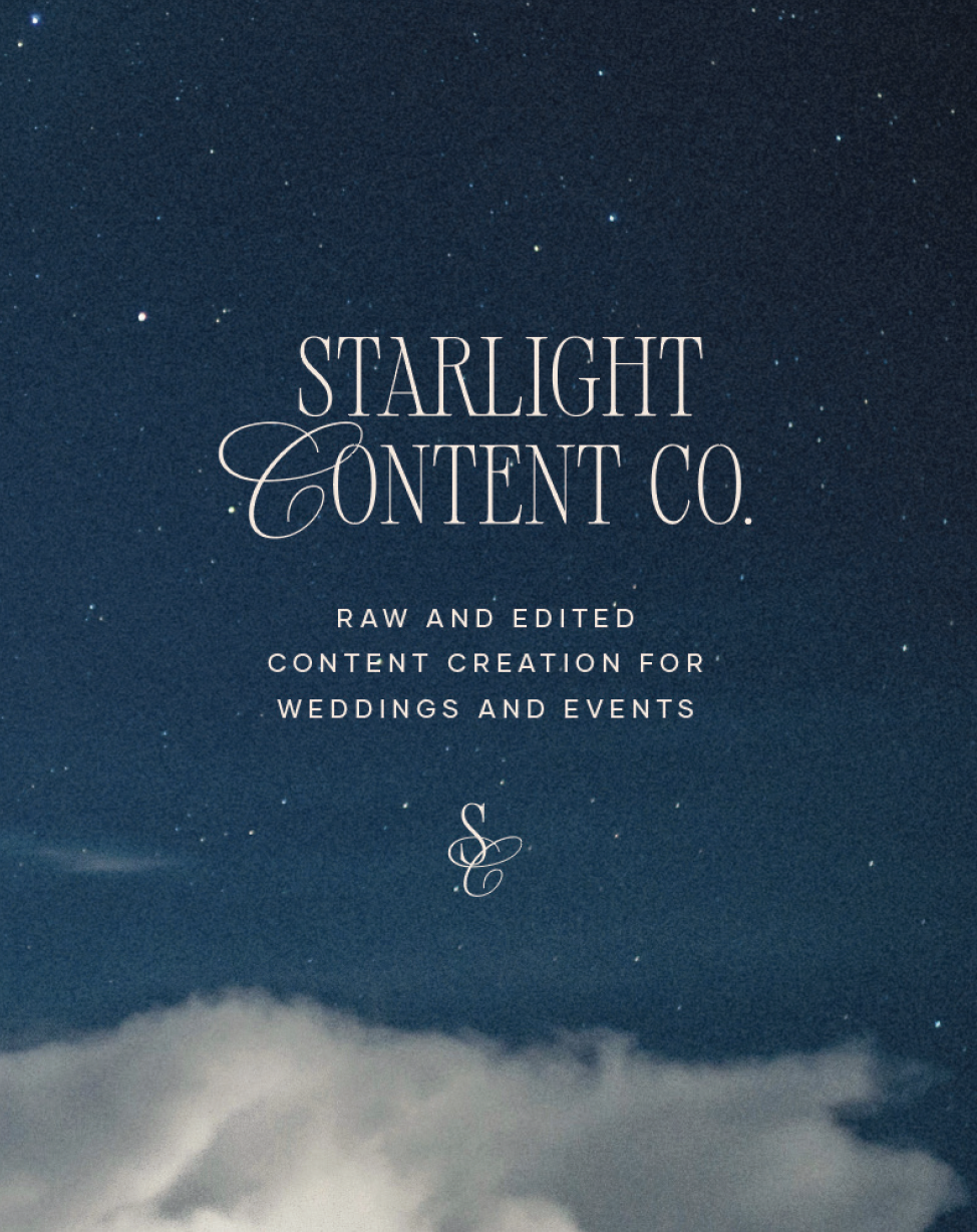 Design with a starry night sky background and clouds at the bottom. Text overlay reads 'Starlight Content Co. Raw and edited content creation for weddings and events' with a decorative 'S C' monogram.