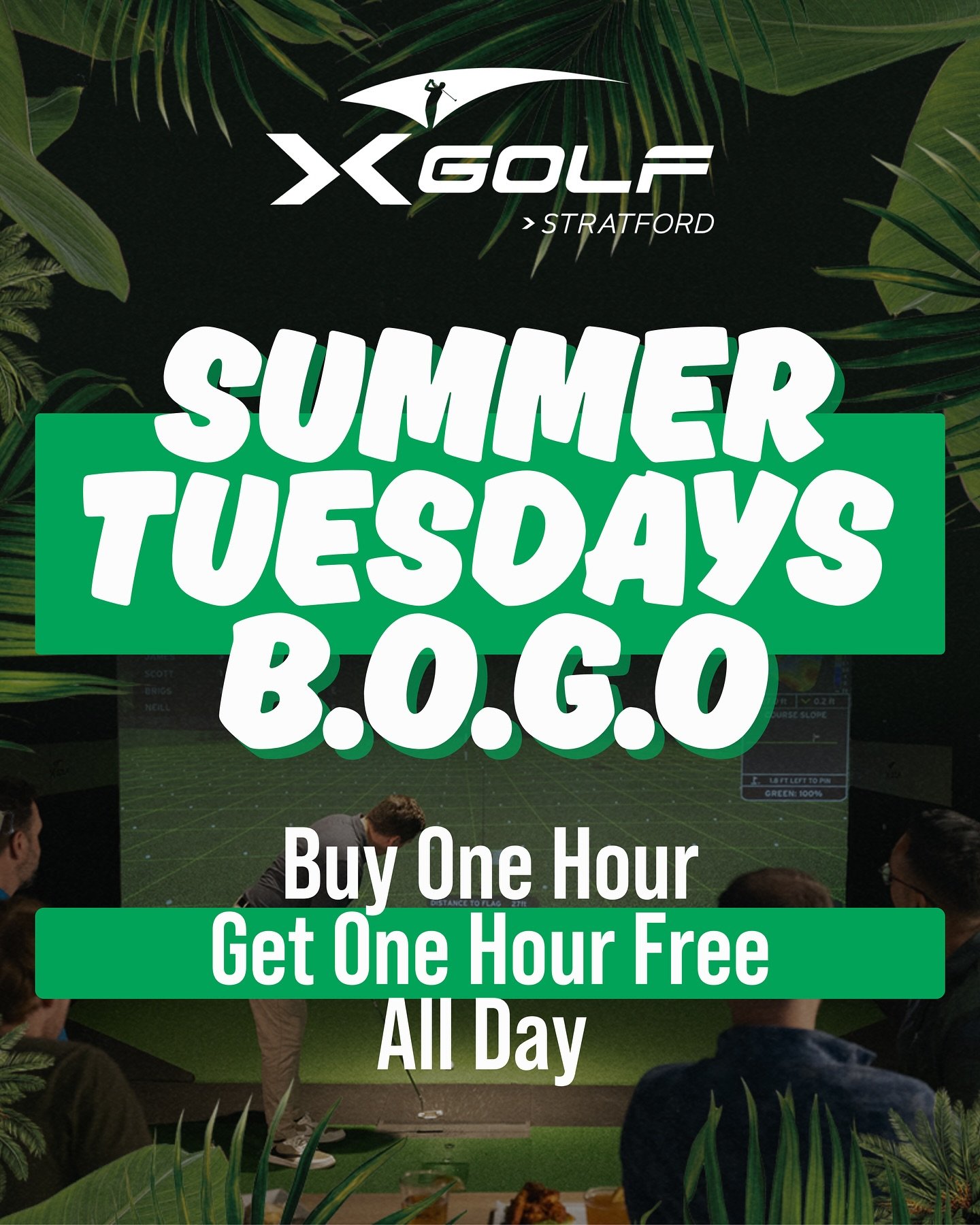 Come enjoy Tuesday BOGO with us all summer long 😎. Enjoy our Buy One Hour Get One Hour Free promotion &amp; save💰#xgolfstratford #xgolfamerica @xgolfamerica