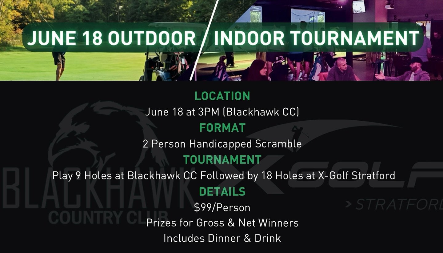 Join our monthly Blackhawk CC/X-Golf Stratford Outdoor Indoor tournament 🔥 2 person handicapped scramble, ✅ gross and net winners, ✅big prizes, includes food and drink! 🍹 $99/person for all inclusive event.  Link in our website or call us up! #outd