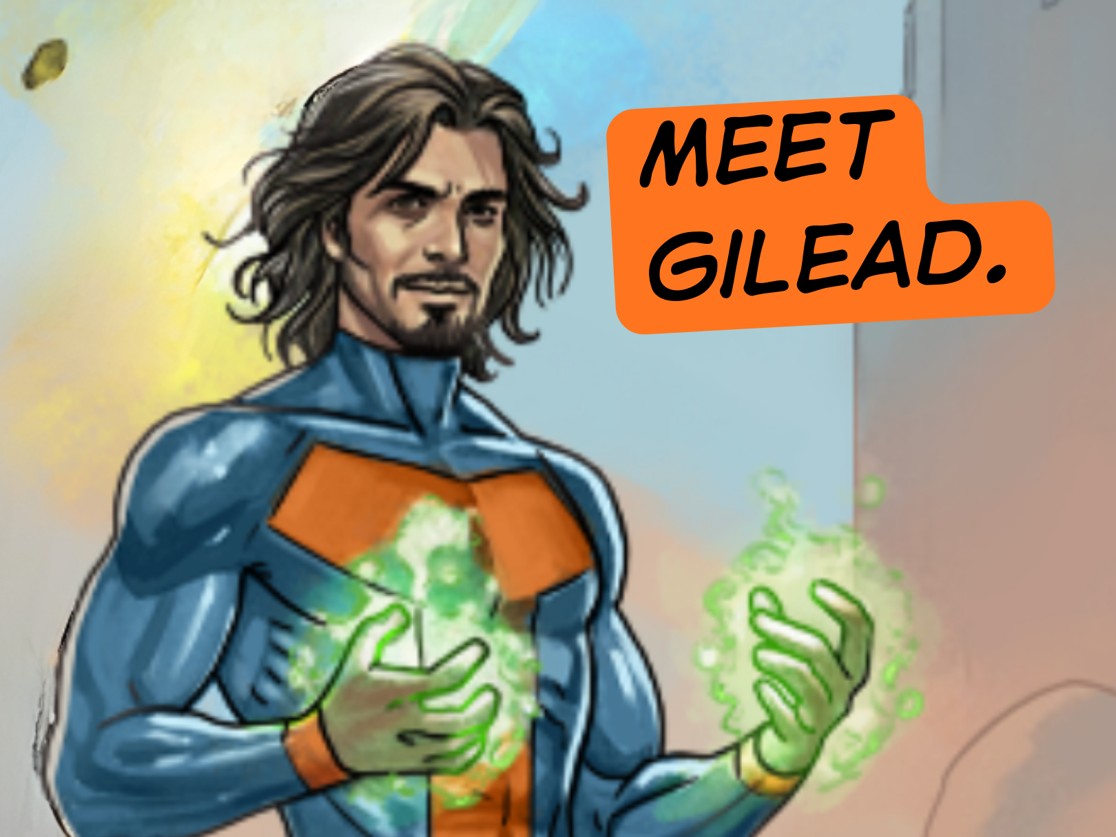 An olive-skinned man with long, wavy brown hair poses in a blue and orange uniform. His hands radiate energy. 