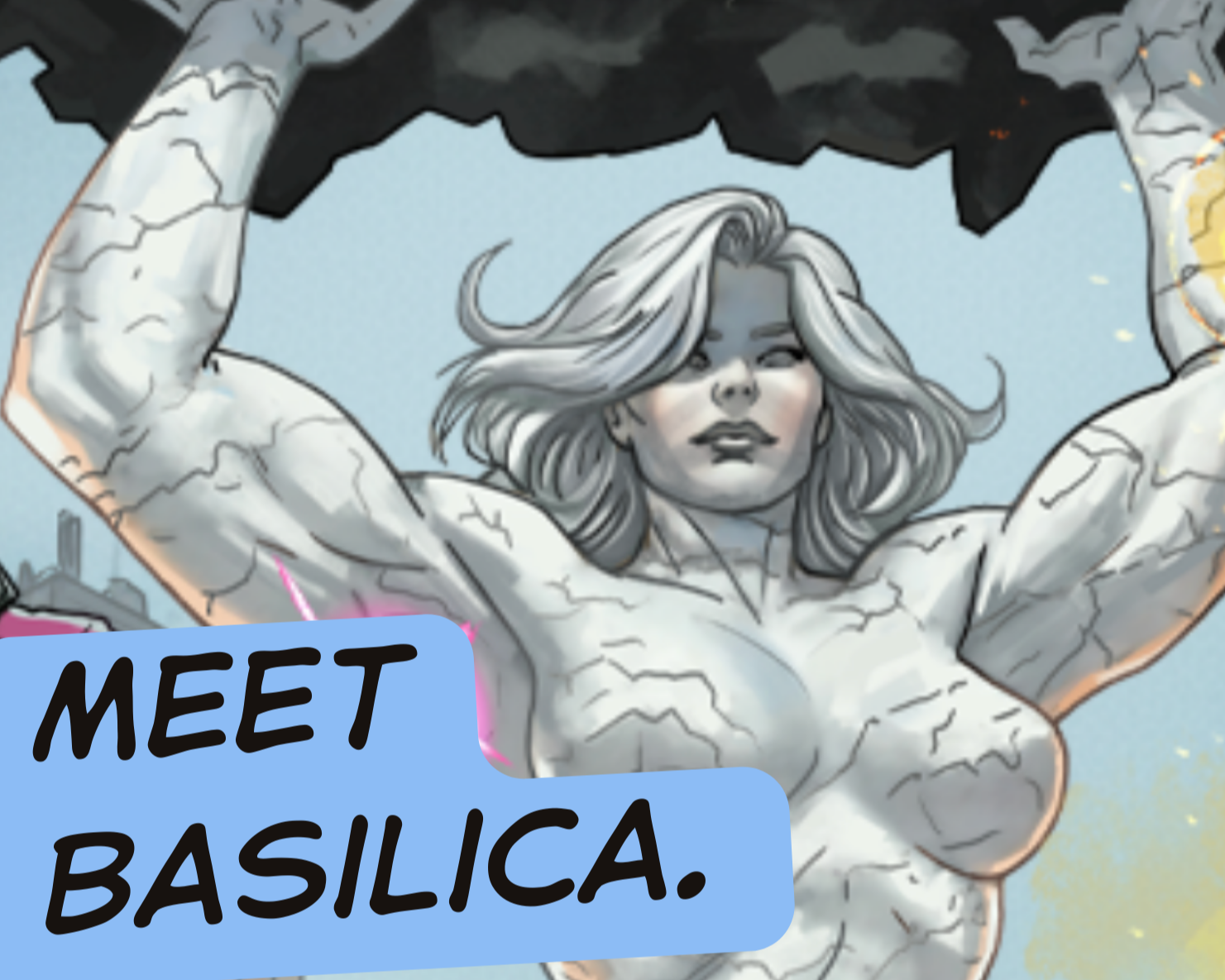 A woman made of marble holds up a huge pile of rock. The text reads, "Meet Basilica."