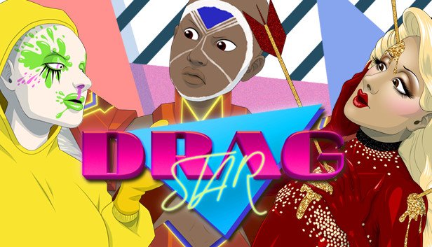 Illustration of three drag performers talking against a geometric background. One is in a neon hazmat suit, one is dressed as a futuristic African warrior, and one is riddled with arrows like St. Sebastian