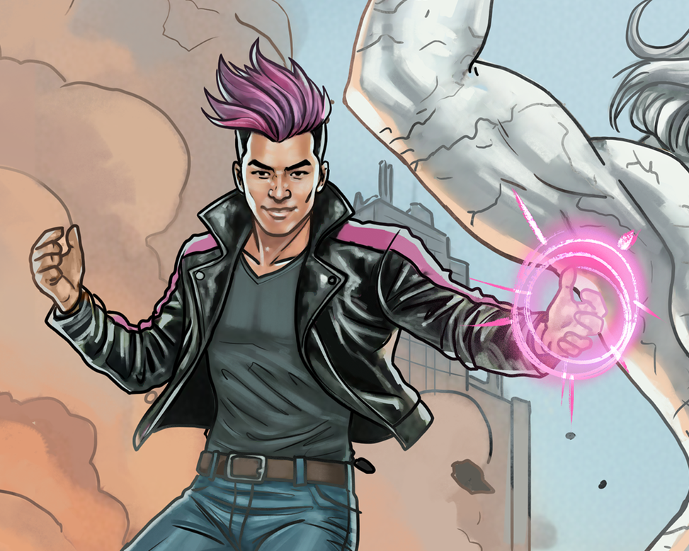A young Asian man poses in front of a giant stone arm. He wears civilian clothes: a black and pink leather jacket, t shirt, and jeans. His hair is dyed pink, and pink energy radiates from his left hand.