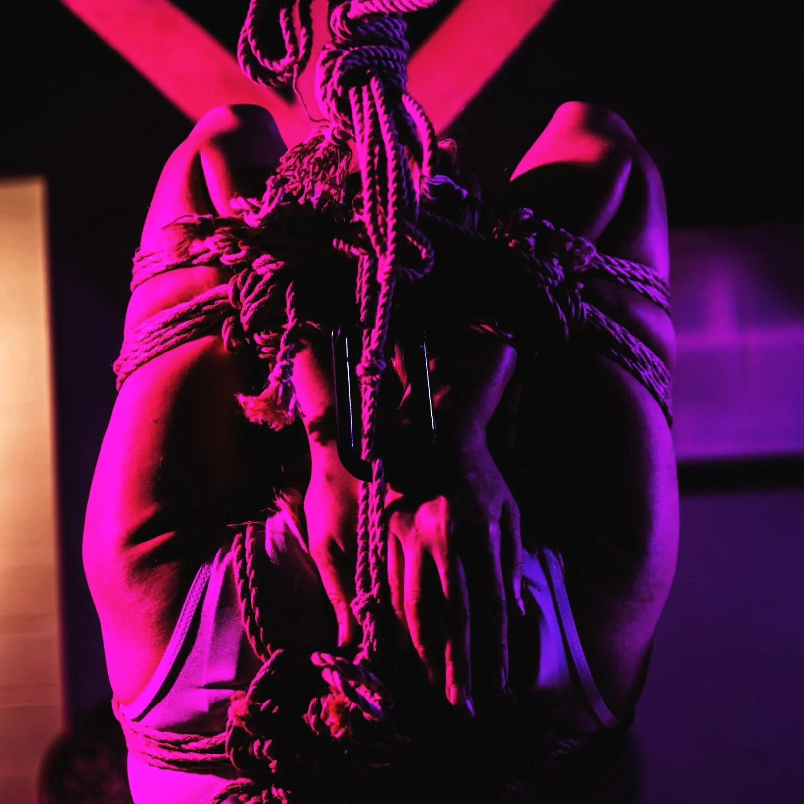 The back of a human figure, tied with rope in a suggestive pose. The lighting is pink and purple.