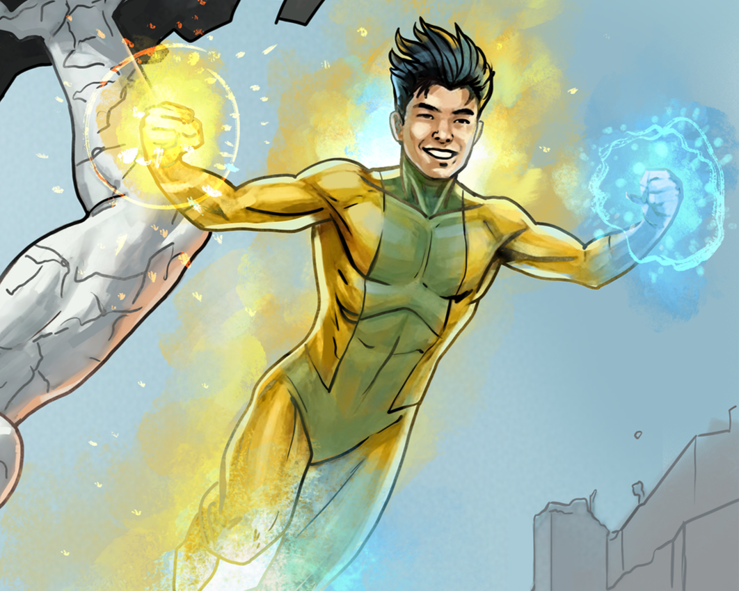 A young Asian man flies in front of a giant, stone arm. He wears a gold and green uniform, and he radiates blue and yellow energy.