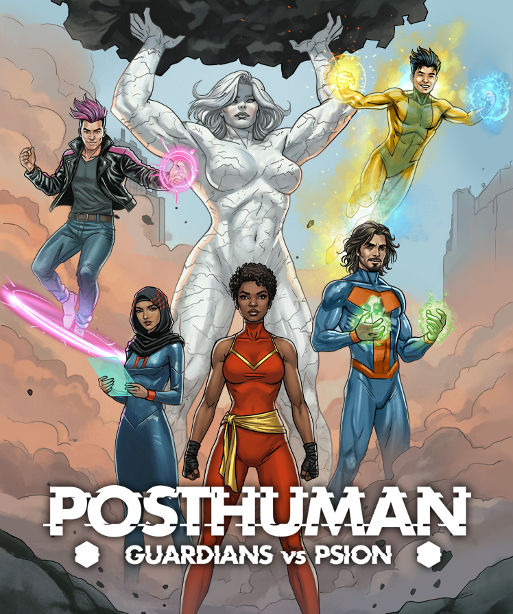 Six costumed, super-powered people stand in the settling dust of a battle.  The text reads, "POSTHUMAN: Guardians vs PSION"