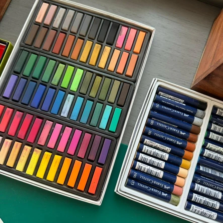 Chalk pastels and oil pastels arranged for use in an art therapy session at Viewpoint Art Therapy.
