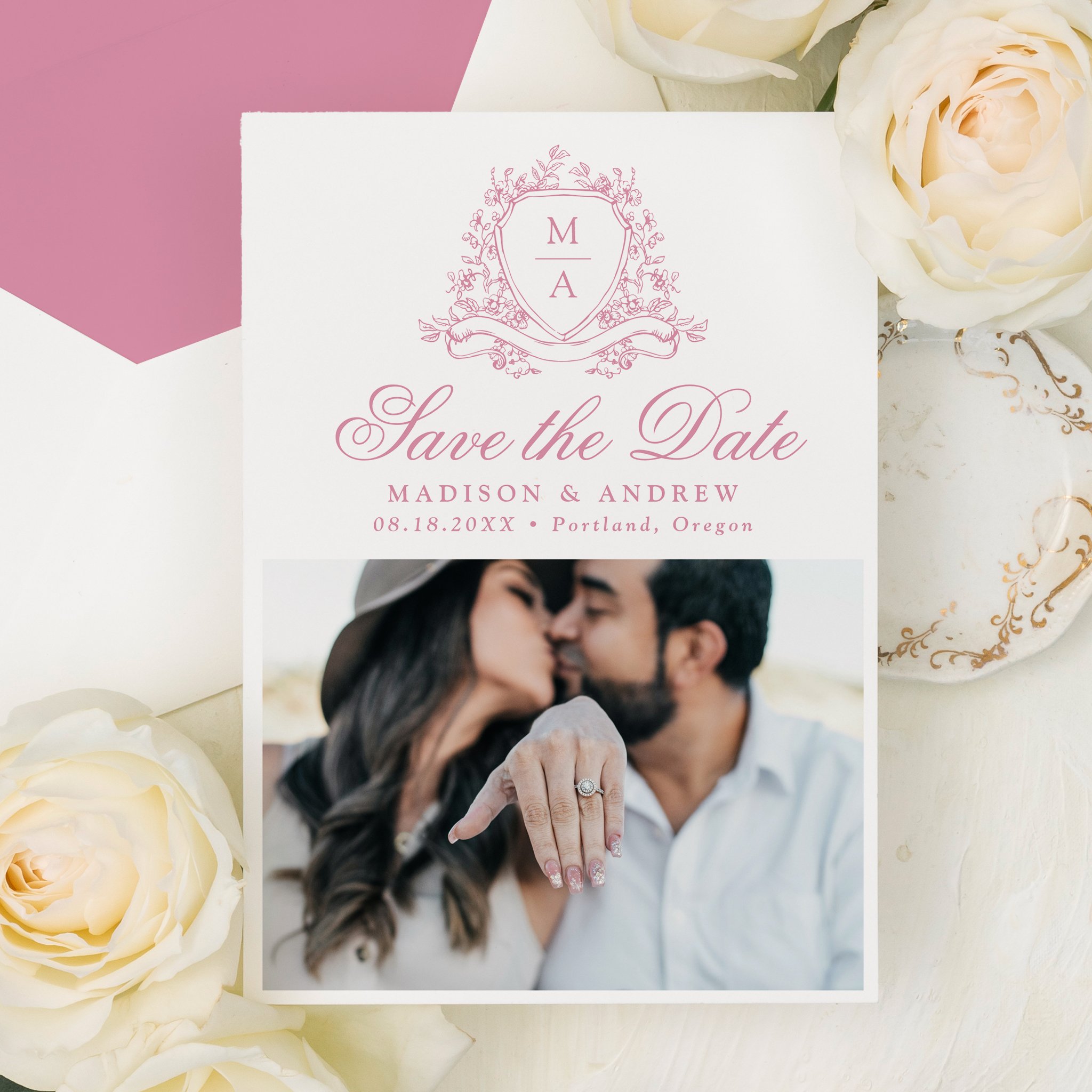late-bloom-paperie_cover-photos_weddings_elegant-floral-crest-monogram-wedding-save-the-date_front_2-photos_rose-quartz.jpg