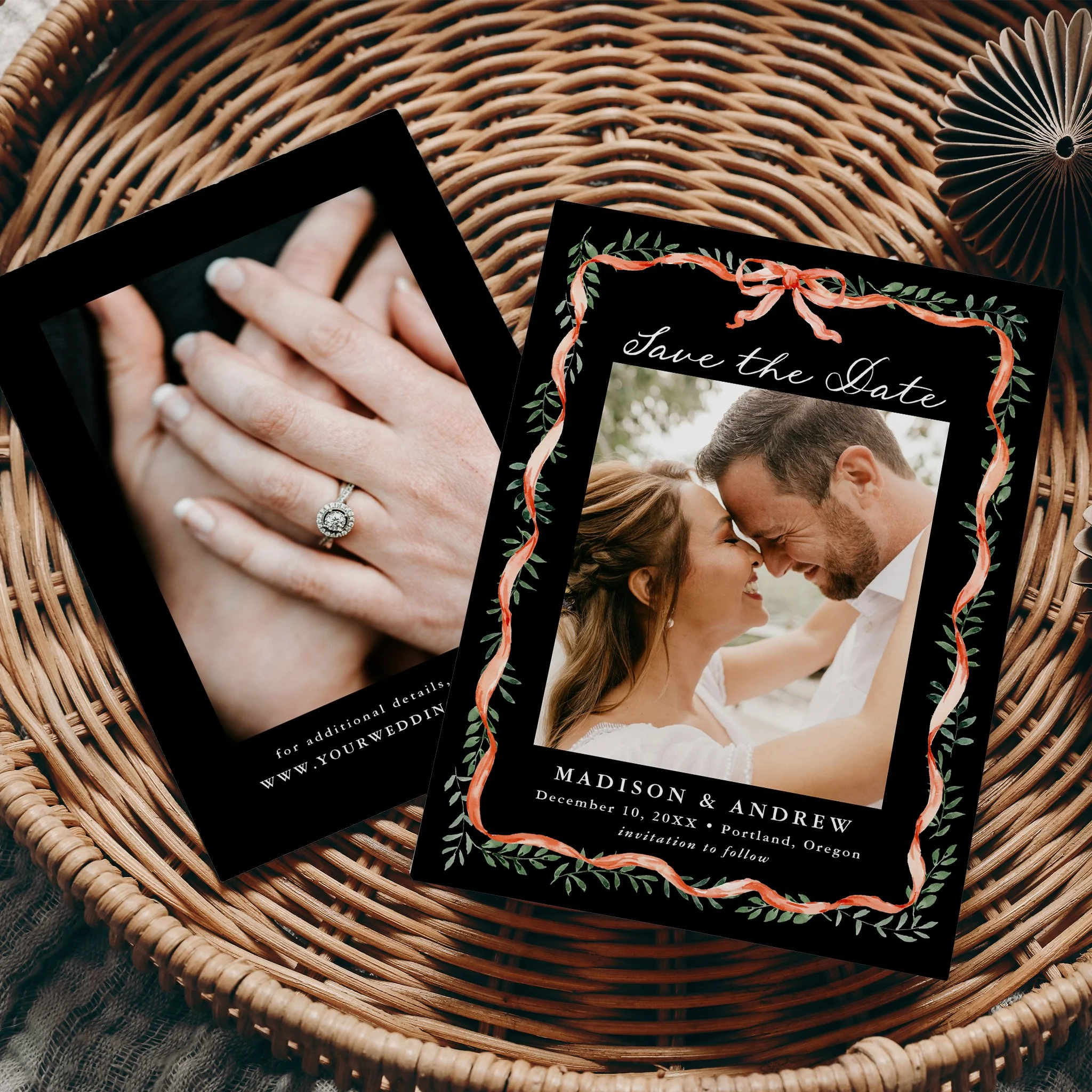 late-bloom-paperie_weddings_save-the-dates_elegant-red-ribbon-greenery-holiday_front-and-back_black.jpg