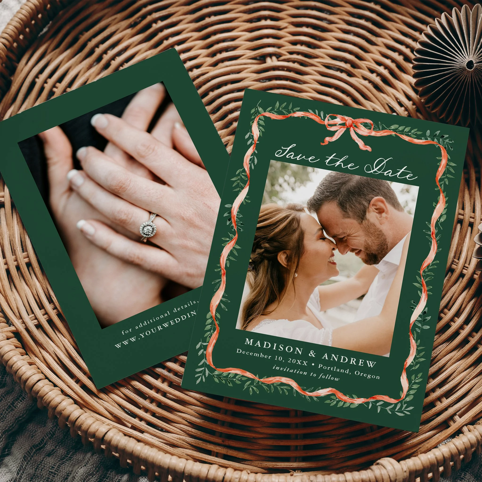 late-bloom-paperie_weddings_save-the-dates_elegant-red-ribbon-greenery-holiday_front-and-back_green.jpg