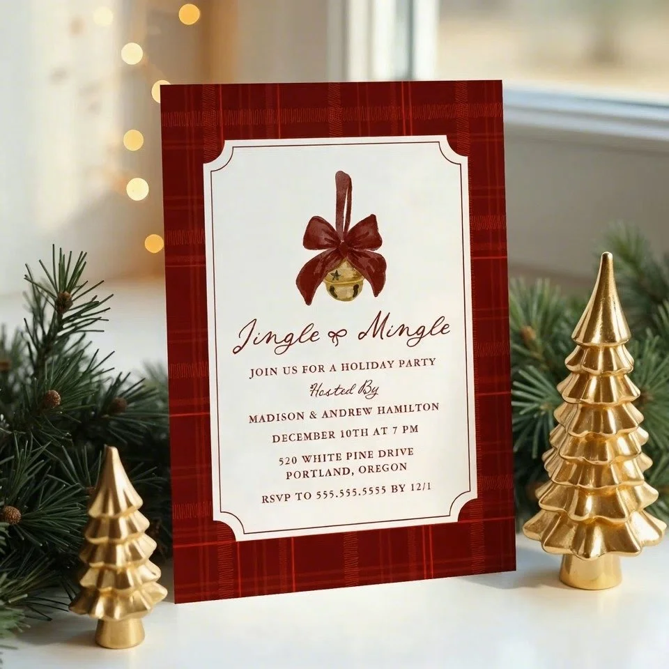 Classic Christmas style, two ways. 

Whether you love rich burgundy or festive green, our Jingle &amp; Mingle holiday party invitations set the perfect tone for your seasonal celebration. Elegant watercolor bells, ribbons, and cozy plaid details &mda