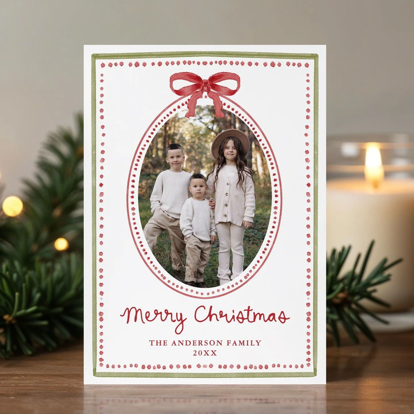 Share the magic of the season with our Vintage Red Bow Christmas Collection. 🎀✨⁣
⁣
Each design features your family photo framed in a classic watercolor oval adorned with a hand-painted red ribbon &mdash; blending timeless holiday charm with elegant