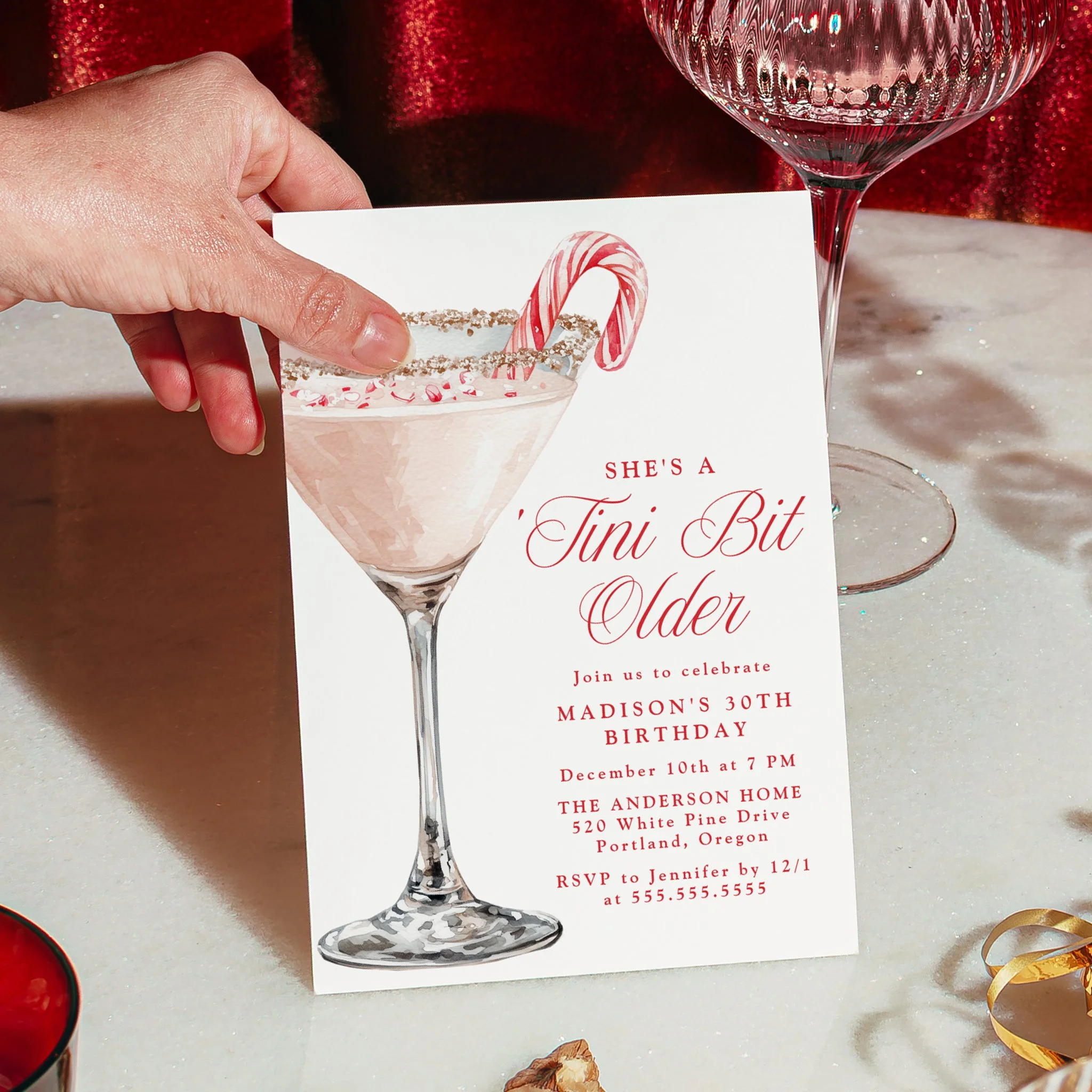 'Tini Bit Merry Candy Cane Martini Christmas Party Invitation