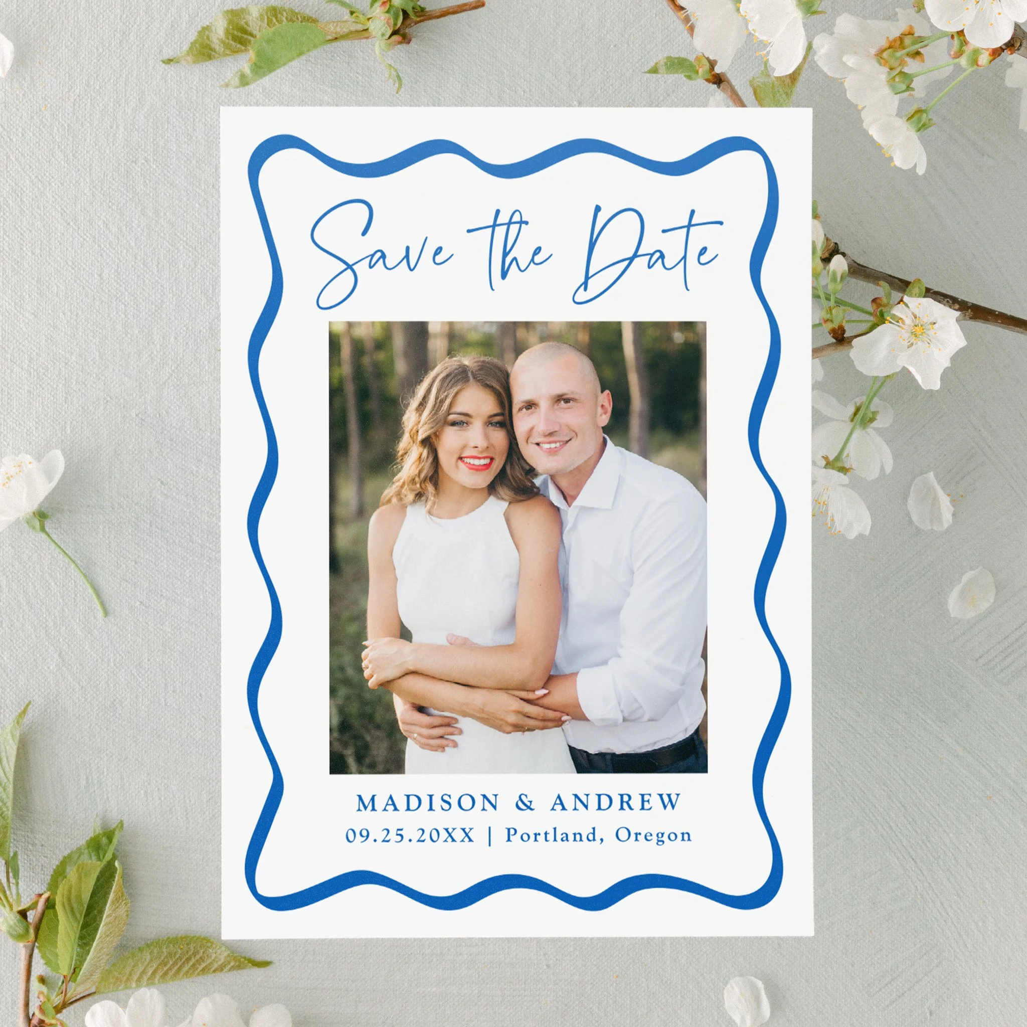 Modern Wavy Frame Wedding Save the Date Letterpress Photo Cards