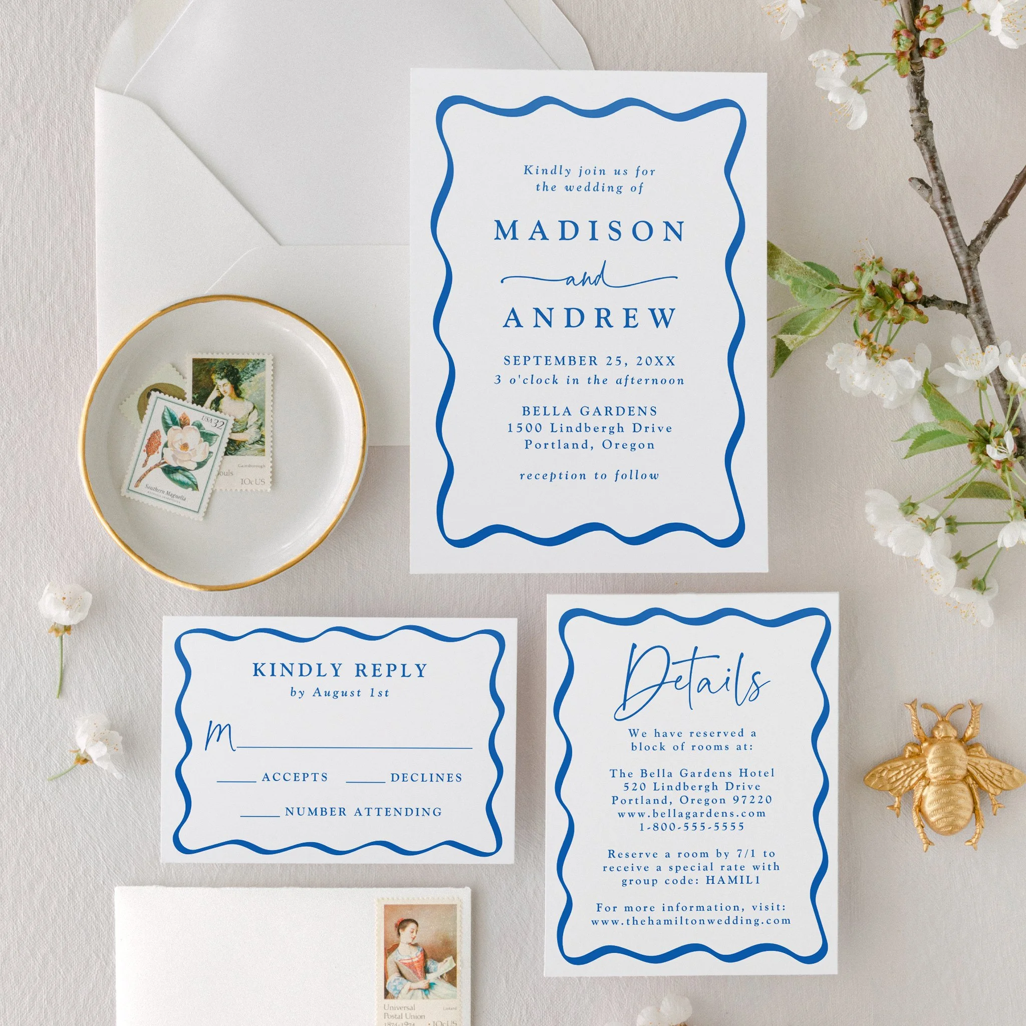 Modern Wavy Frame Letterpress Wedding Suite