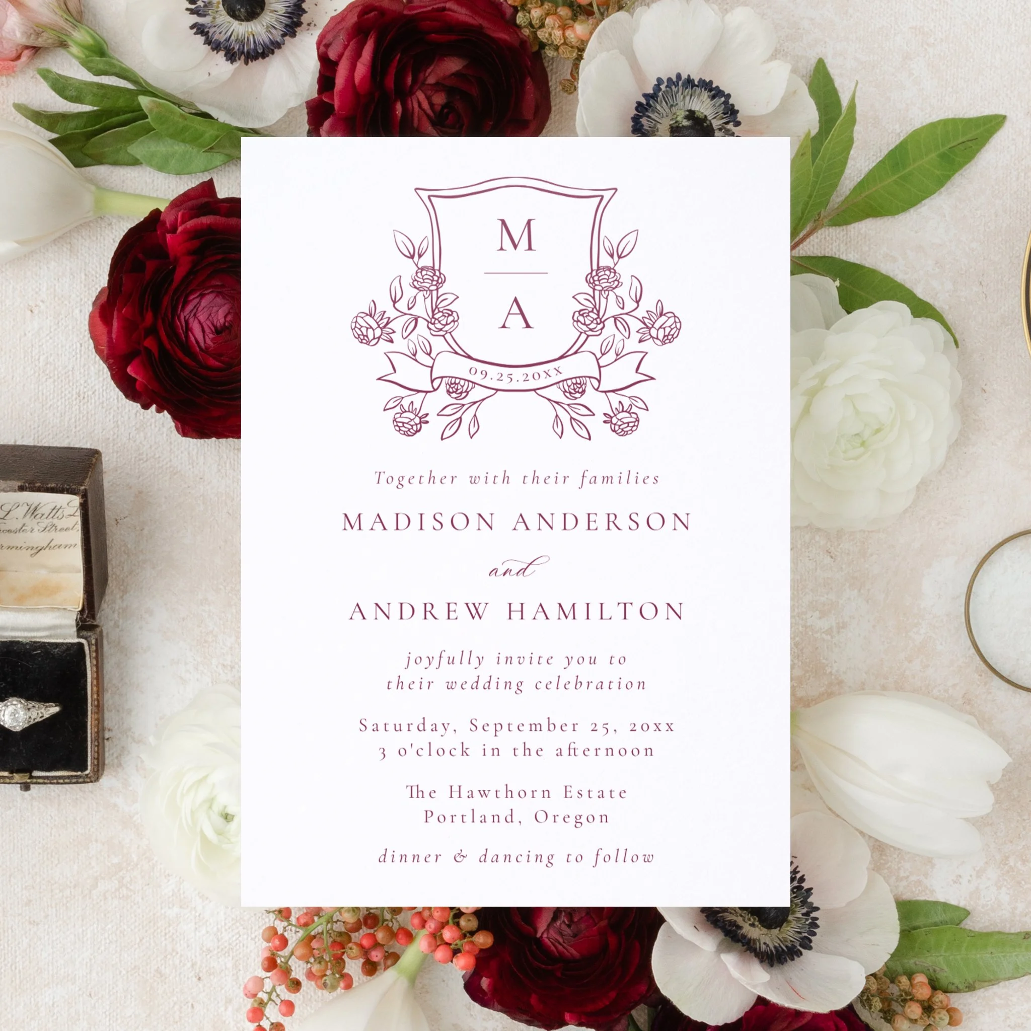 Elegant Floral Crest Monogram Letterpress Wedding Invitation
