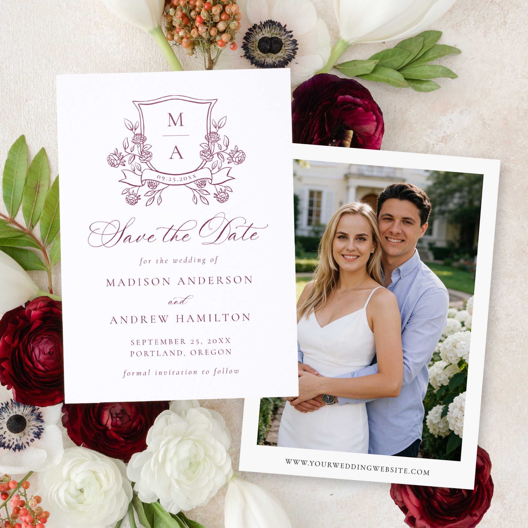 Elegant Floral Crest Monogram Save the Date Letterpress Photo Cards