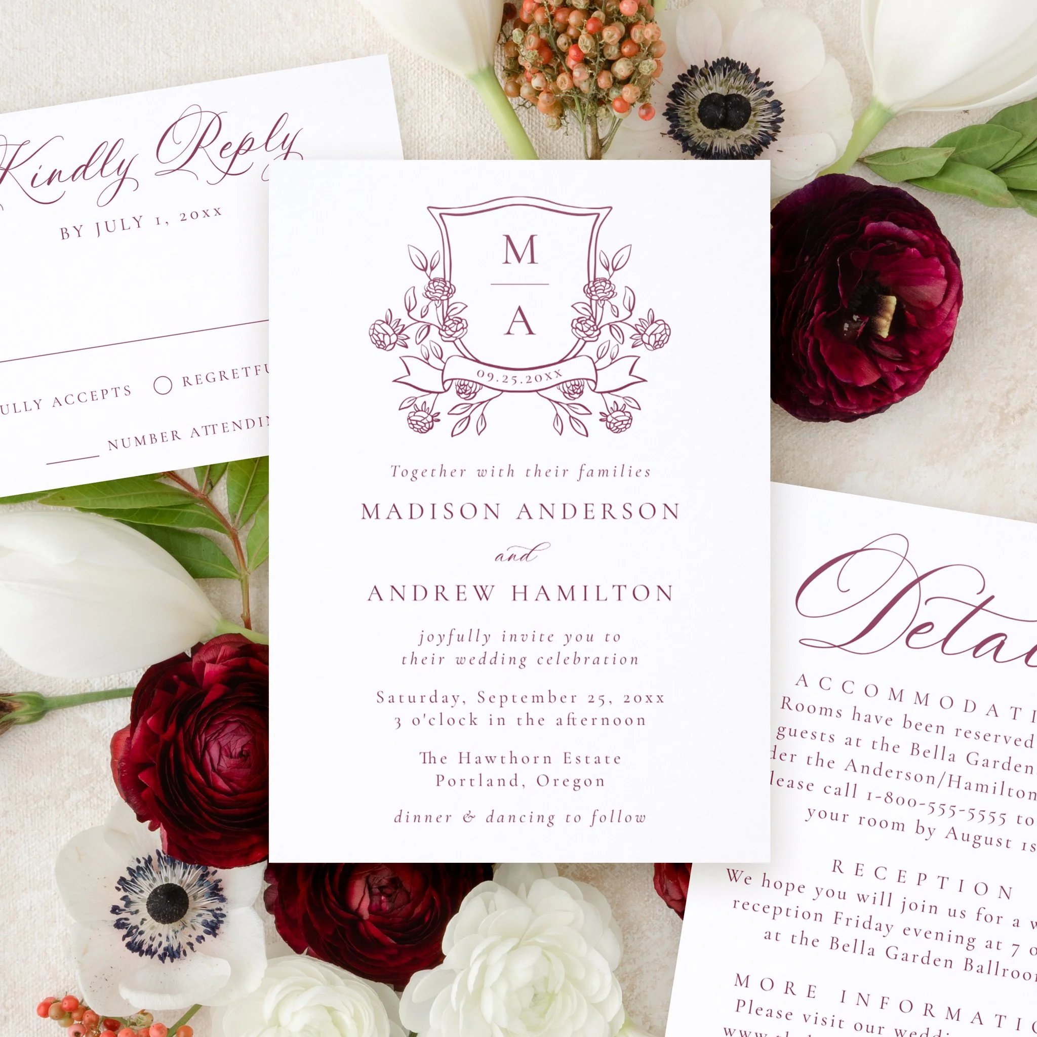 Elegant Floral Crest Monogram Letterpress Wedding Suite