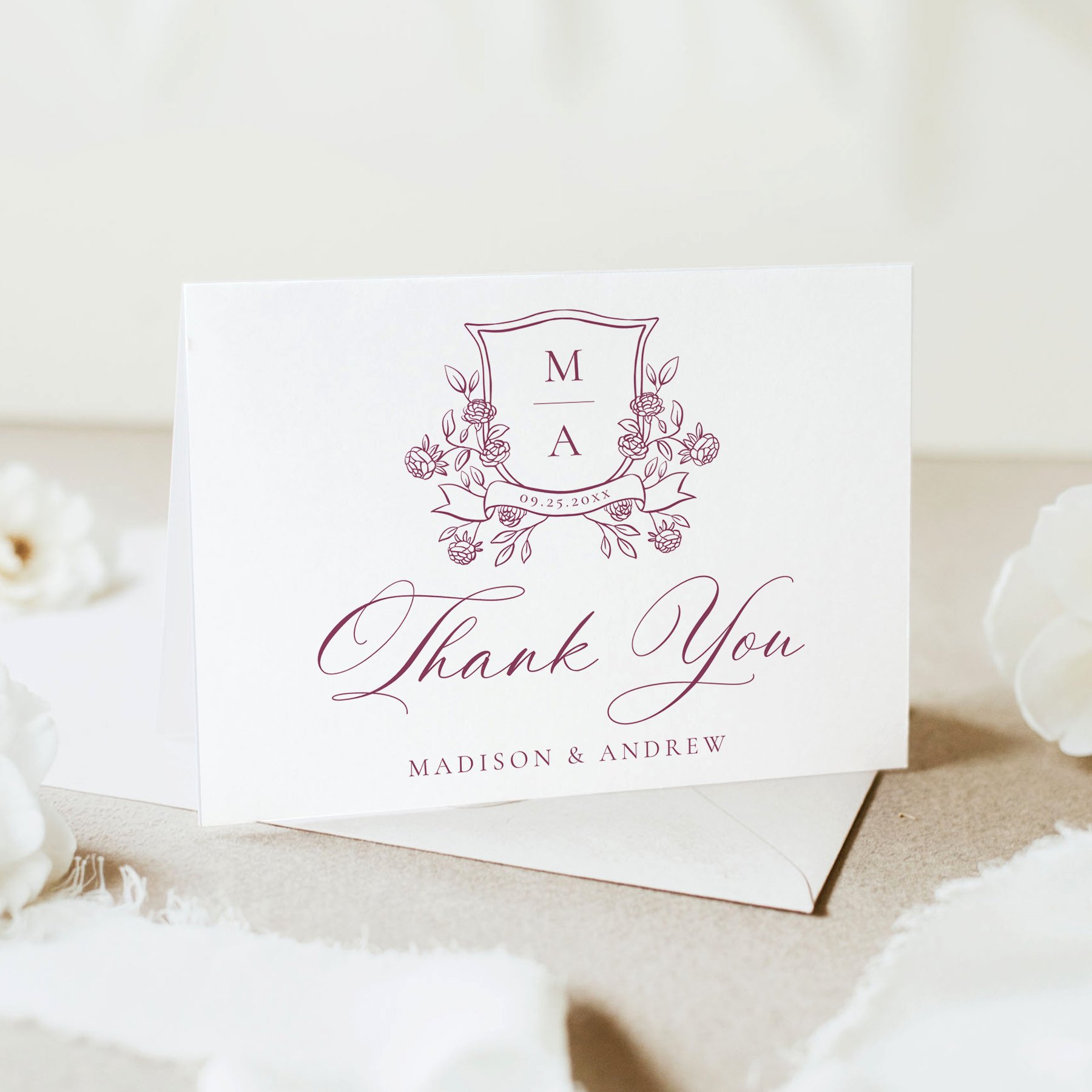 late-bloom-paperie_weddings_elegant-floral-crest-monogram_letterpress-wedding-thank-you-card_berry.jpg