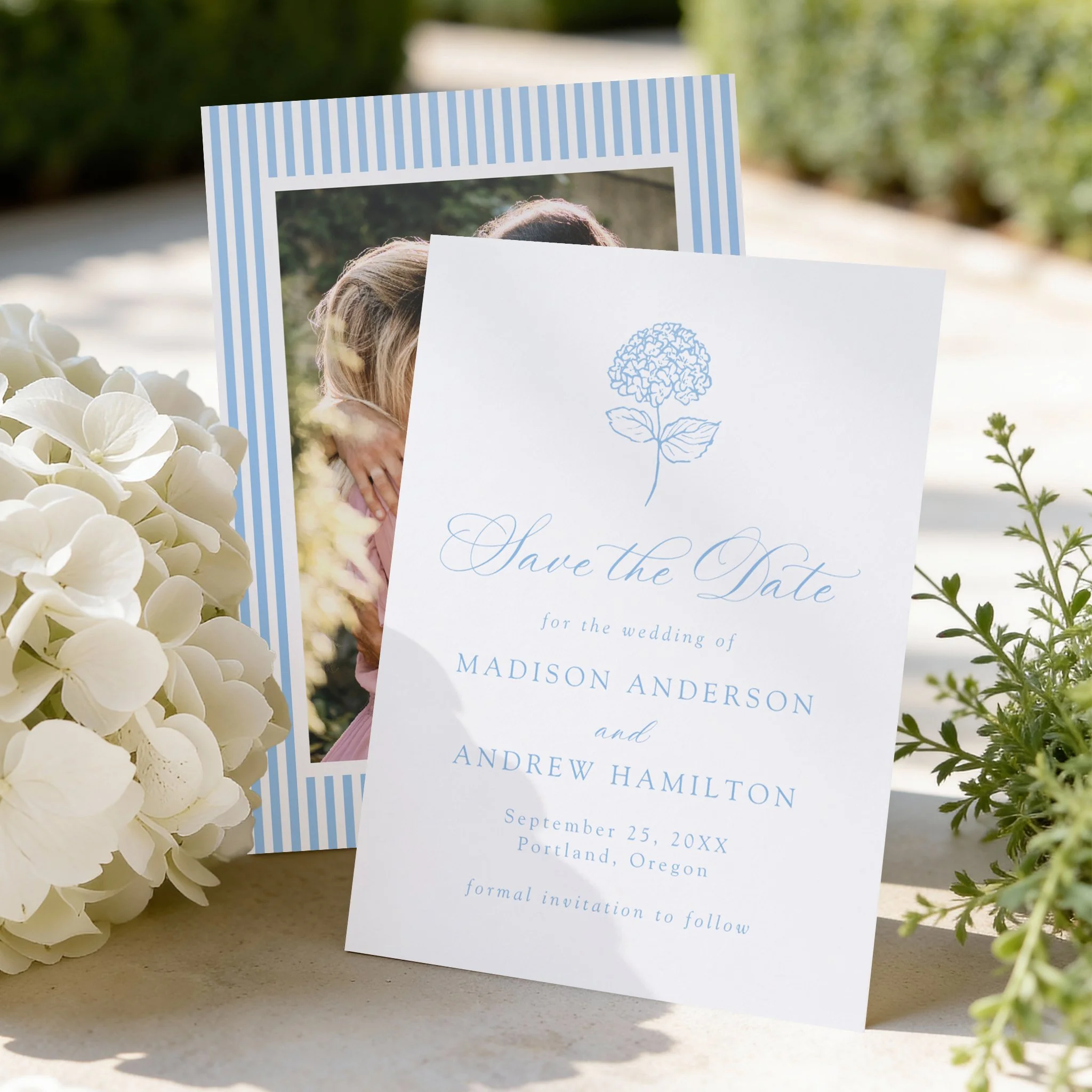 Classic Hydrangea Wedding Save the Date Letterpress Photo Cards
