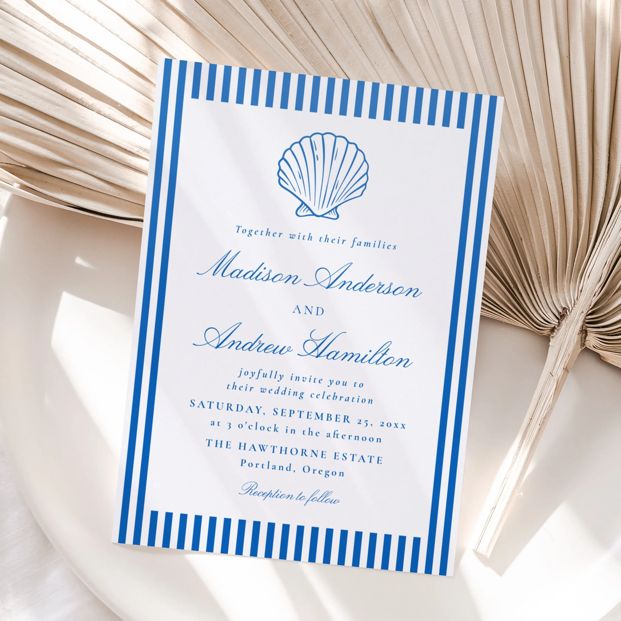 Coastal Stripes Seashell Letterpress Wedding Invitation