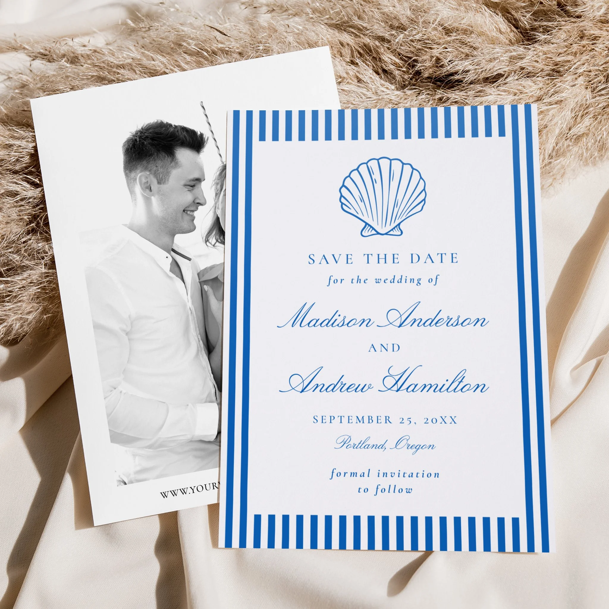 Coastal Stripes Seashell Wedding Save the Date Letterpress Photo Cards
