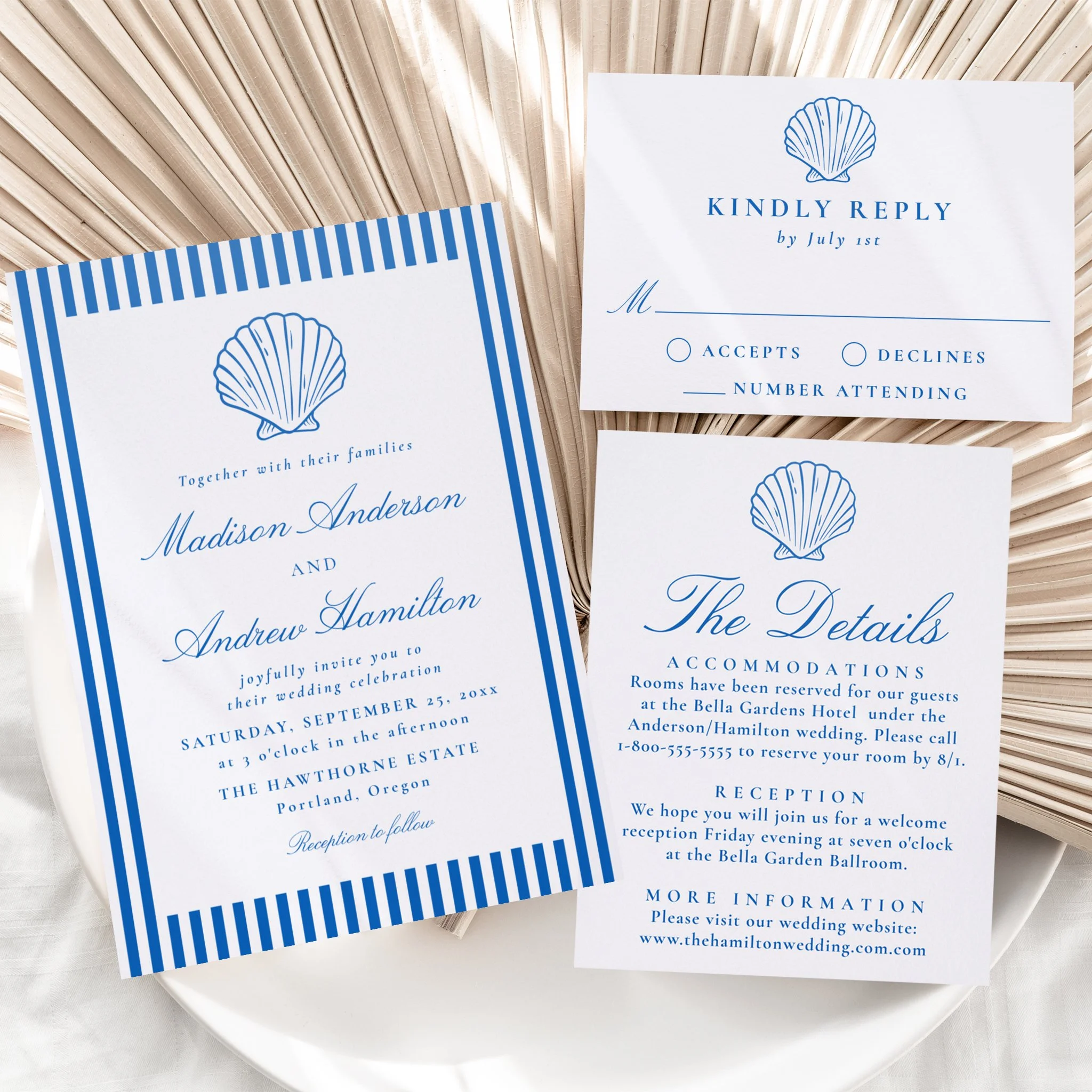 Coastal Stripes Seashell Letterpress Wedding Suite