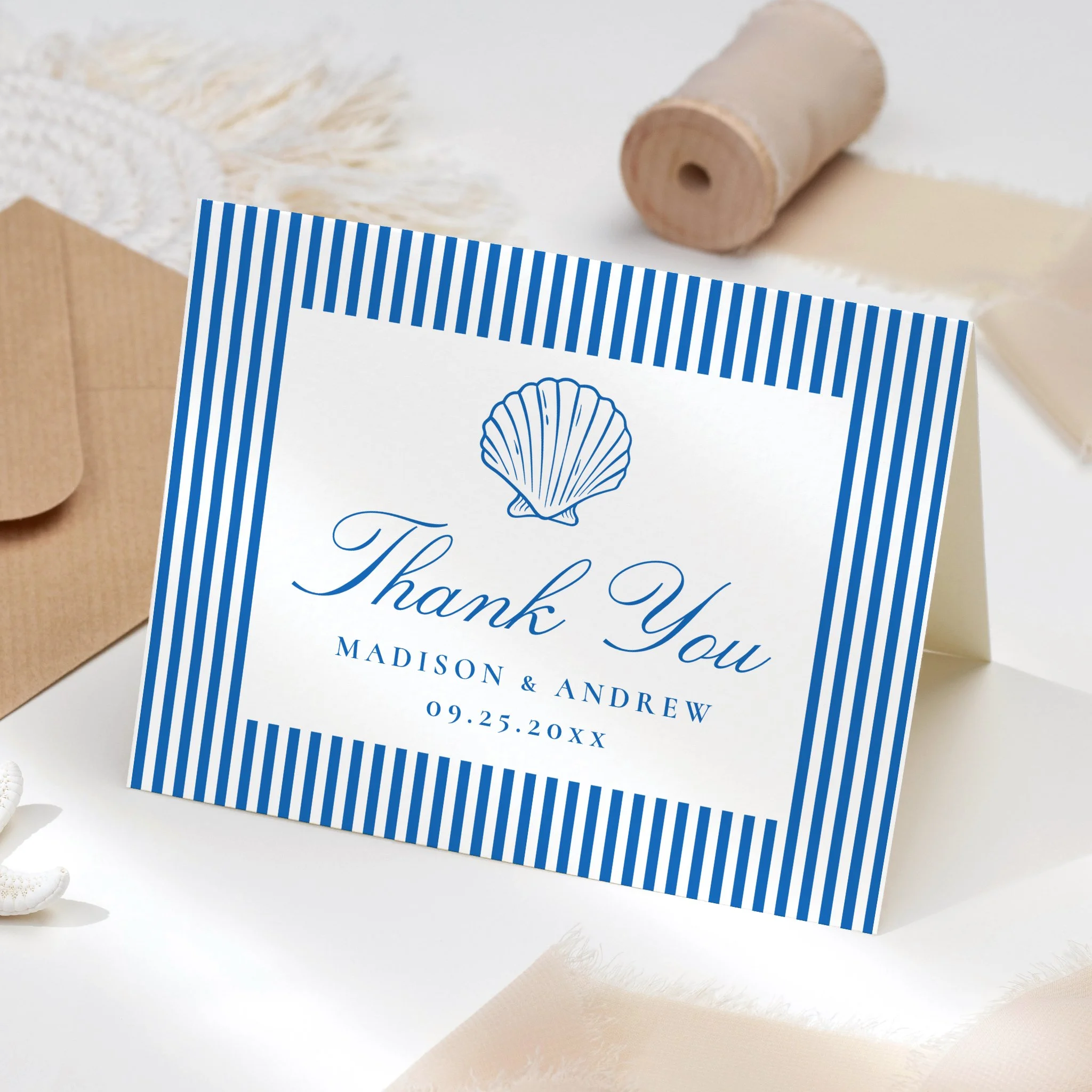 Coastal Stripes Seashell Letterpress Wedding Thank You Card