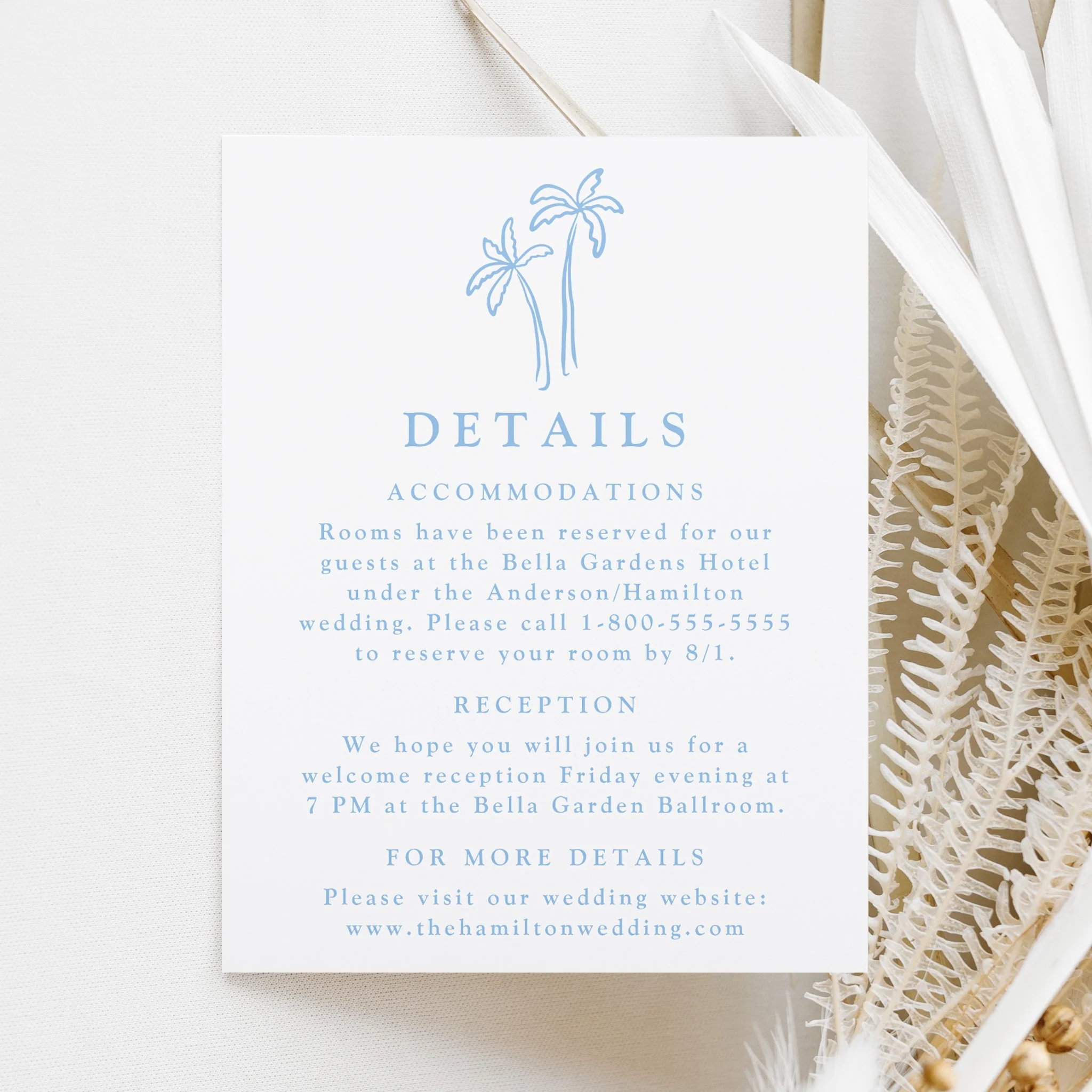 Modern Hand-Drawn Palm Trees Letterpress Wedding Details Enclosure Card