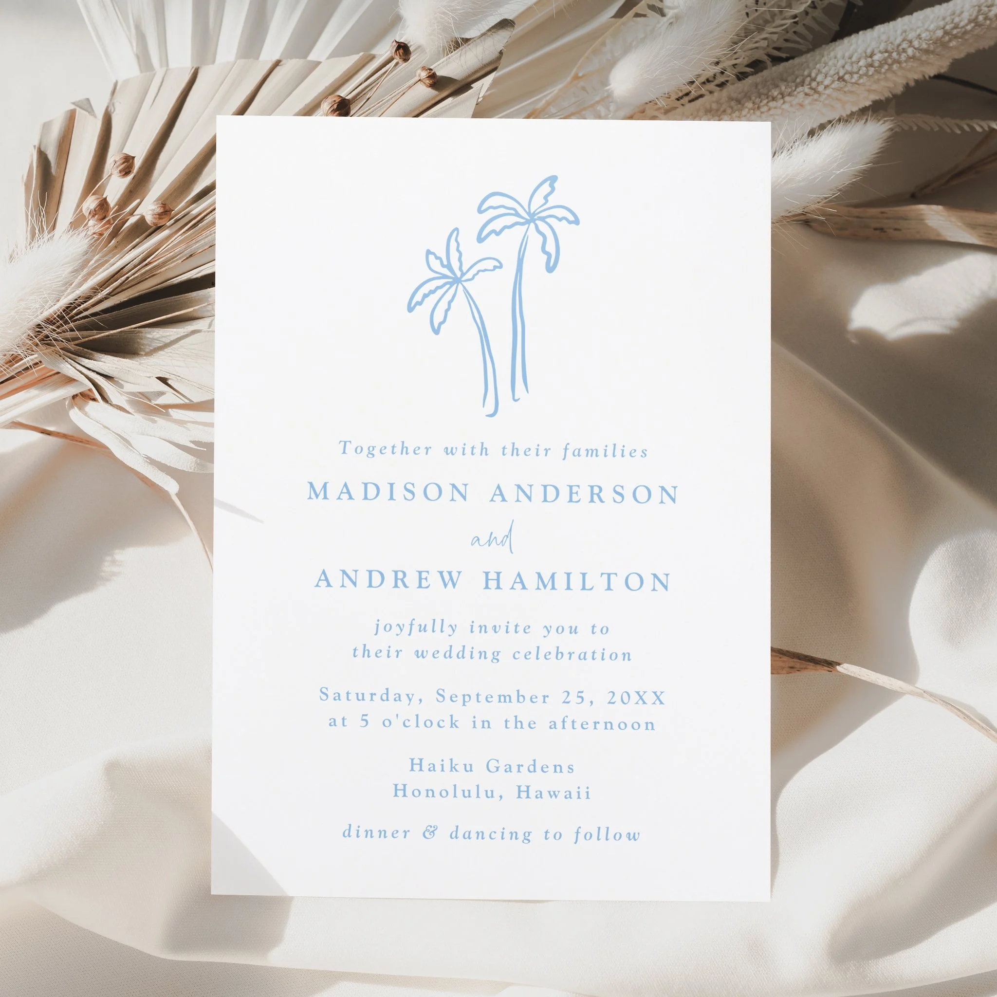 Modern Hand-Drawn Palm Trees Letterpress Wedding Invitation
