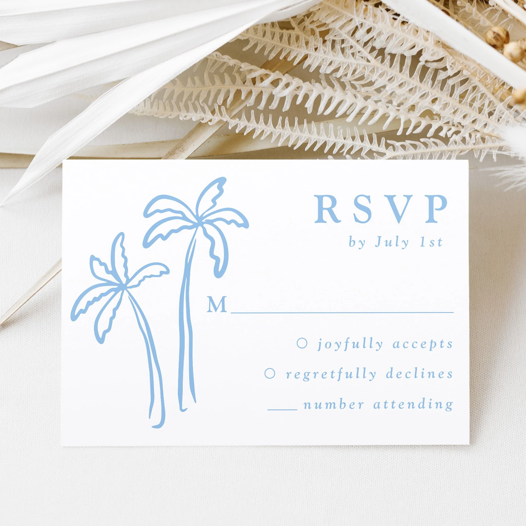 Modern Hand-Drawn Palm Trees Letterpress Wedding RSVP Cards
