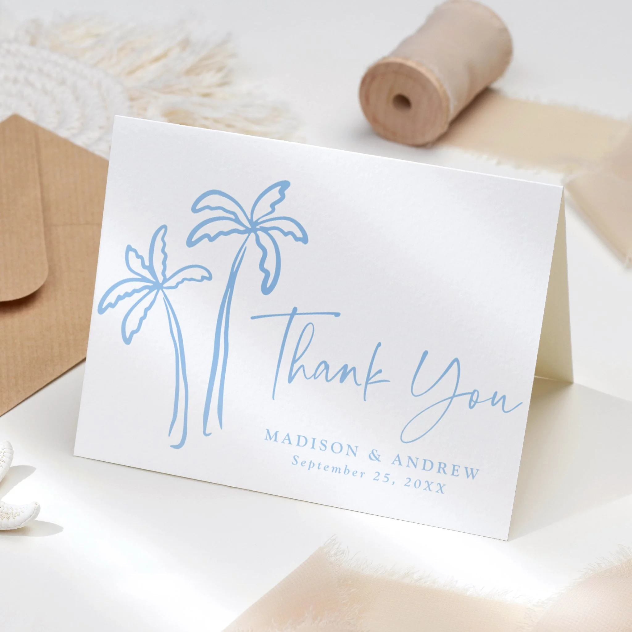 Modern Hand-Drawn Palm Trees Letterpress Wedding Thank You Card