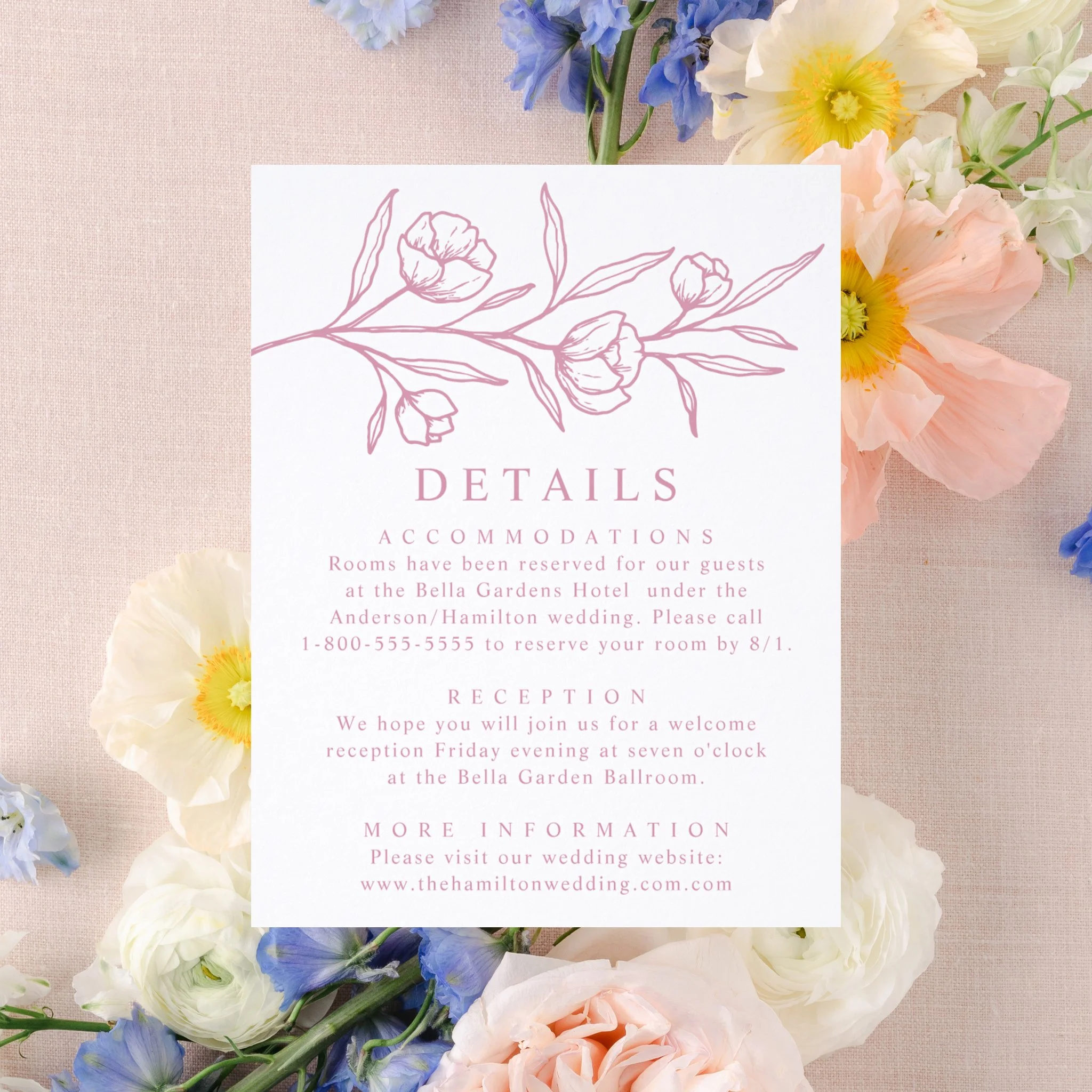 Elegant Sketched Floral Letterpress Wedding Details Enclosure Card