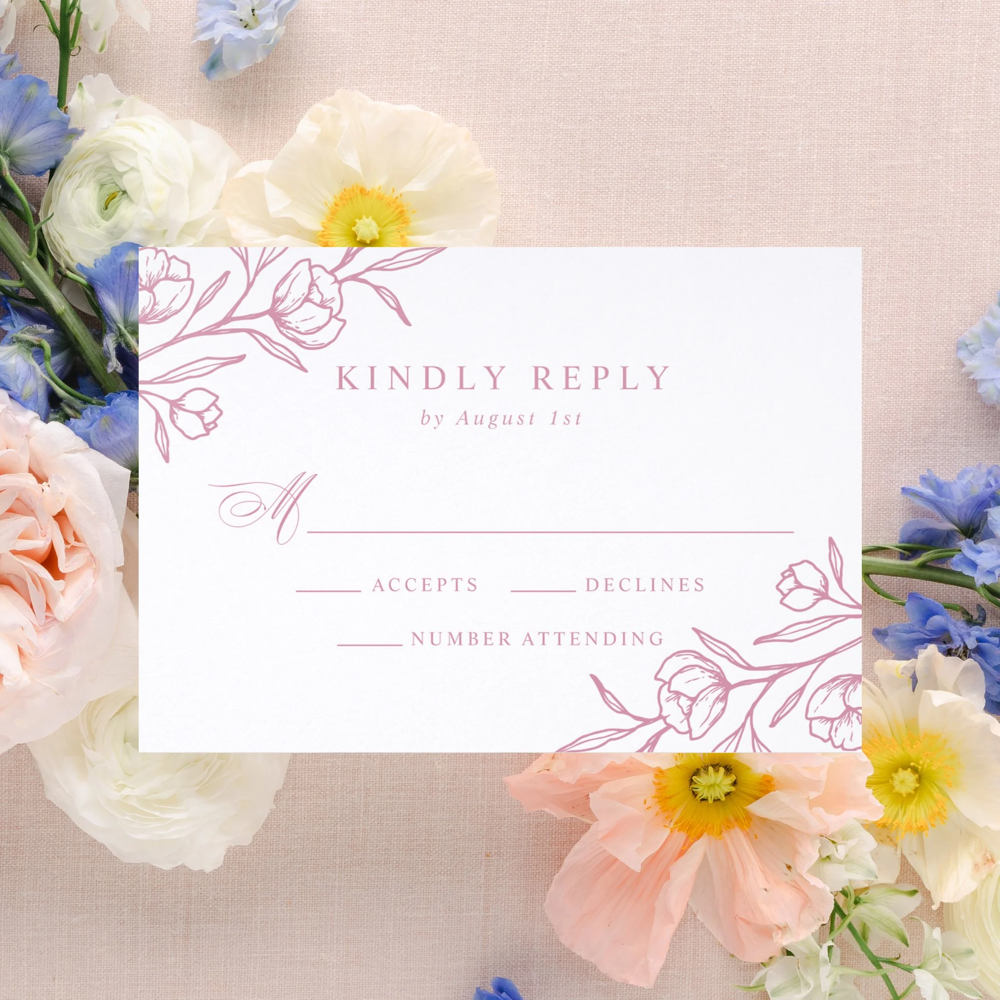 Elegant Sketched Floral Letterpress Wedding RSVP Cards