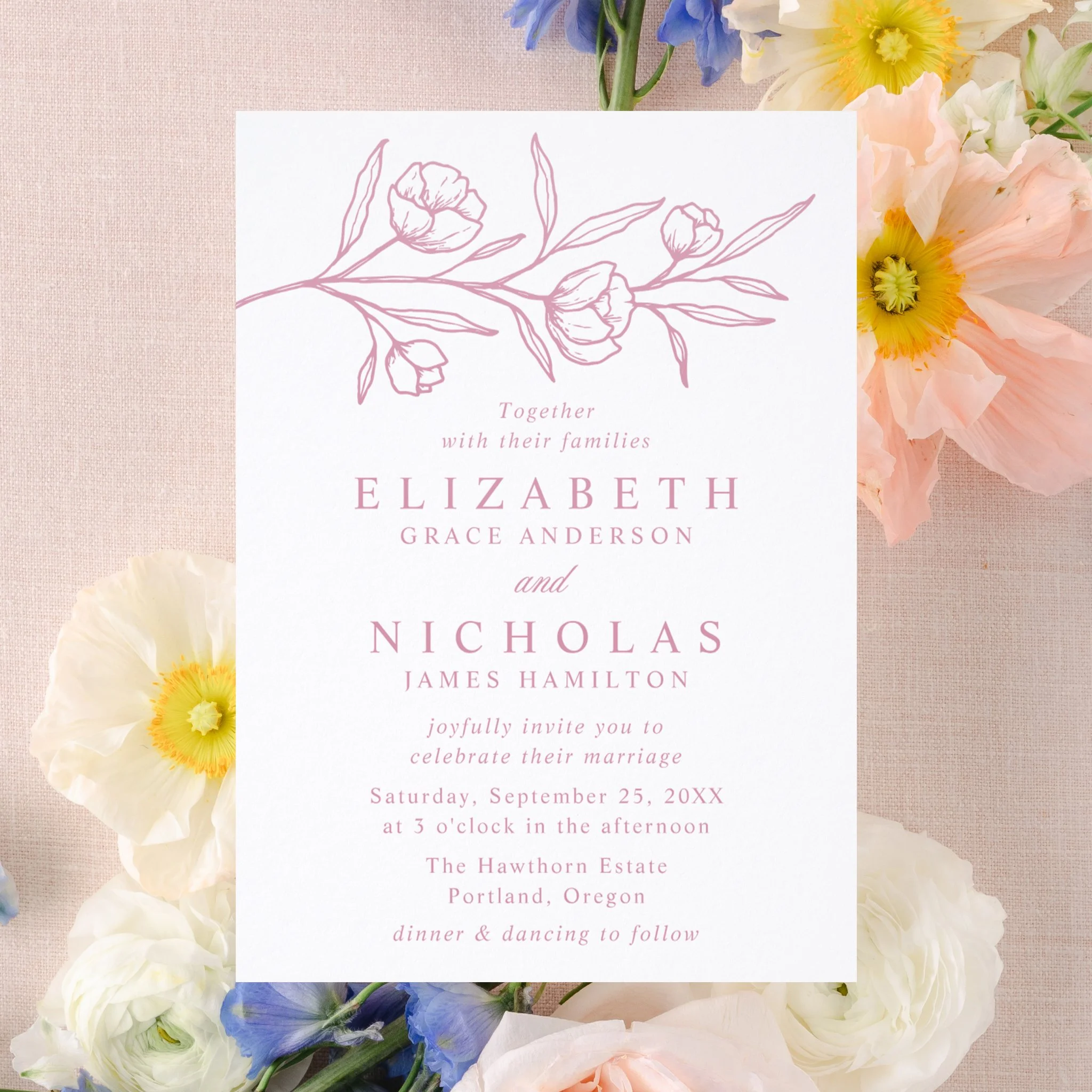 Elegant Sketched Floral Letterpress Wedding Invitation