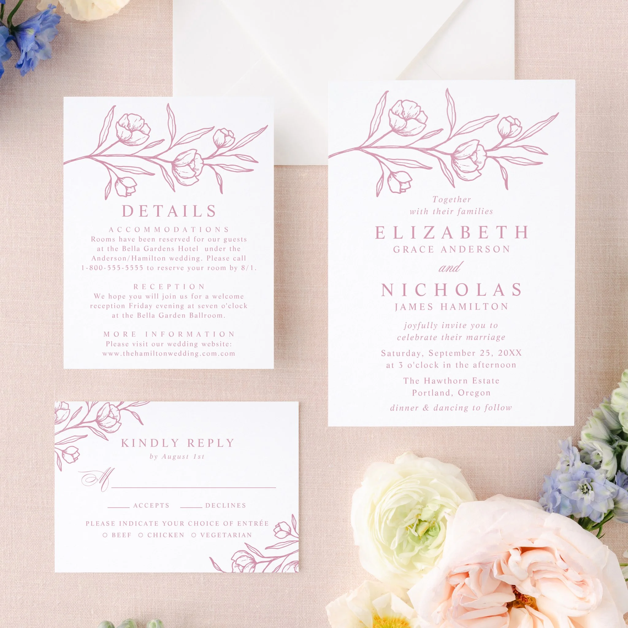 Elegant Sketched Floral Letterpress Wedding Suite