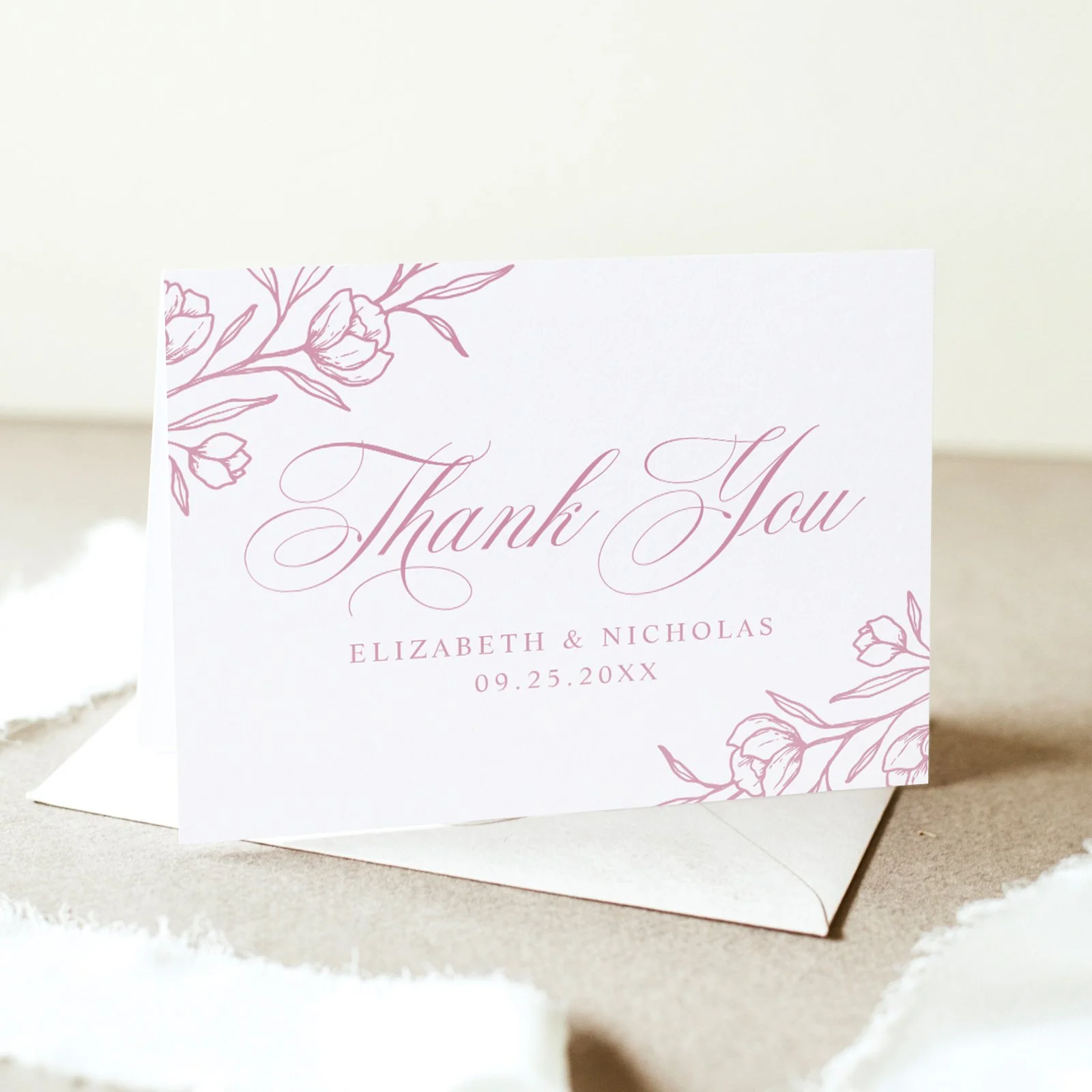 Elegant Sketched Floral Letterpress Wedding Thank You Card