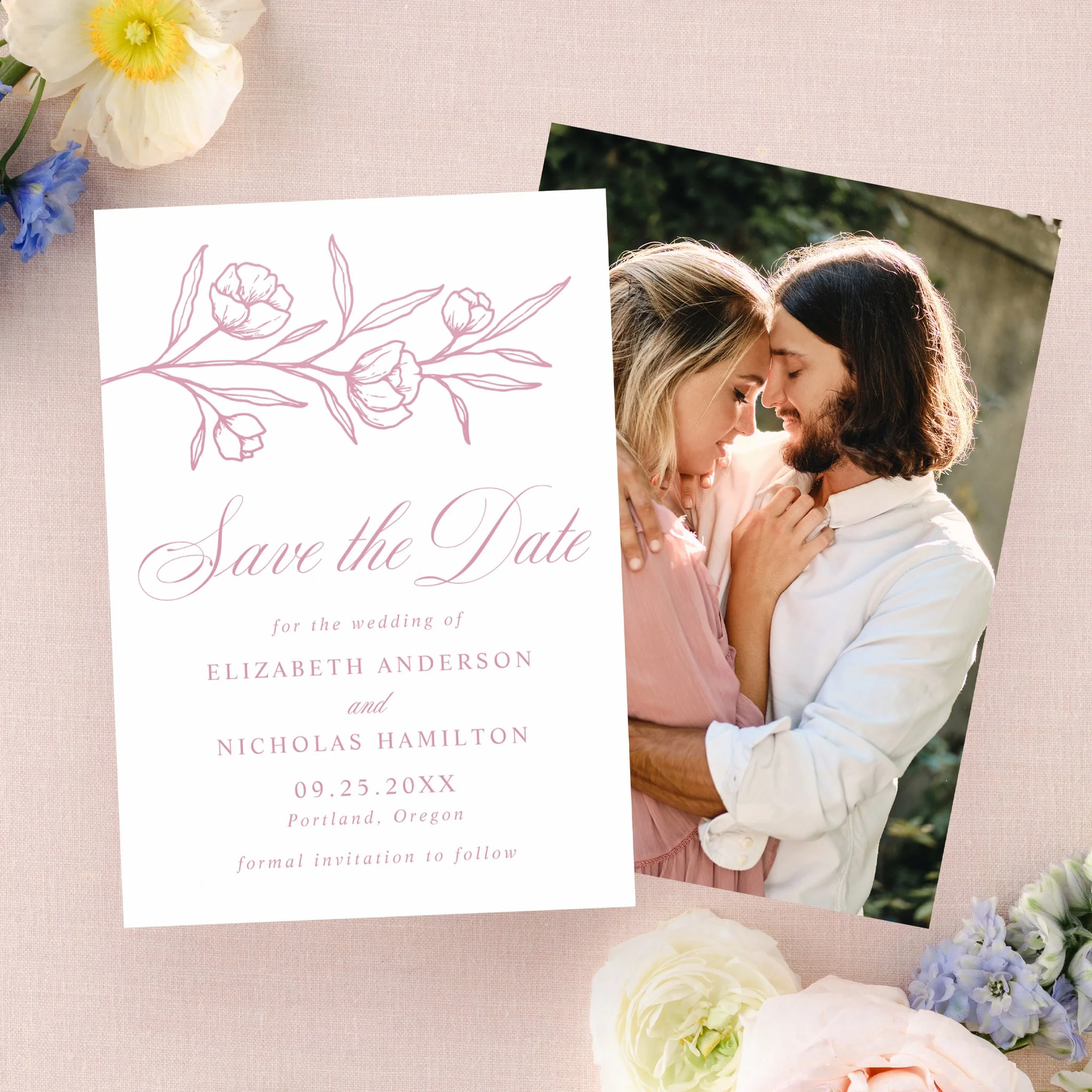 Elegant Sketched Floral Wedding Save the Date Letterpress Photo Cards