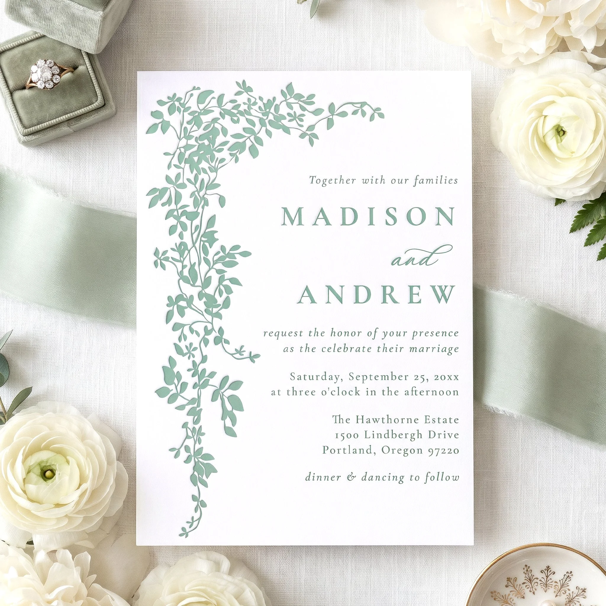 Elegant Cascading Vines Letterpress Wedding Invitation