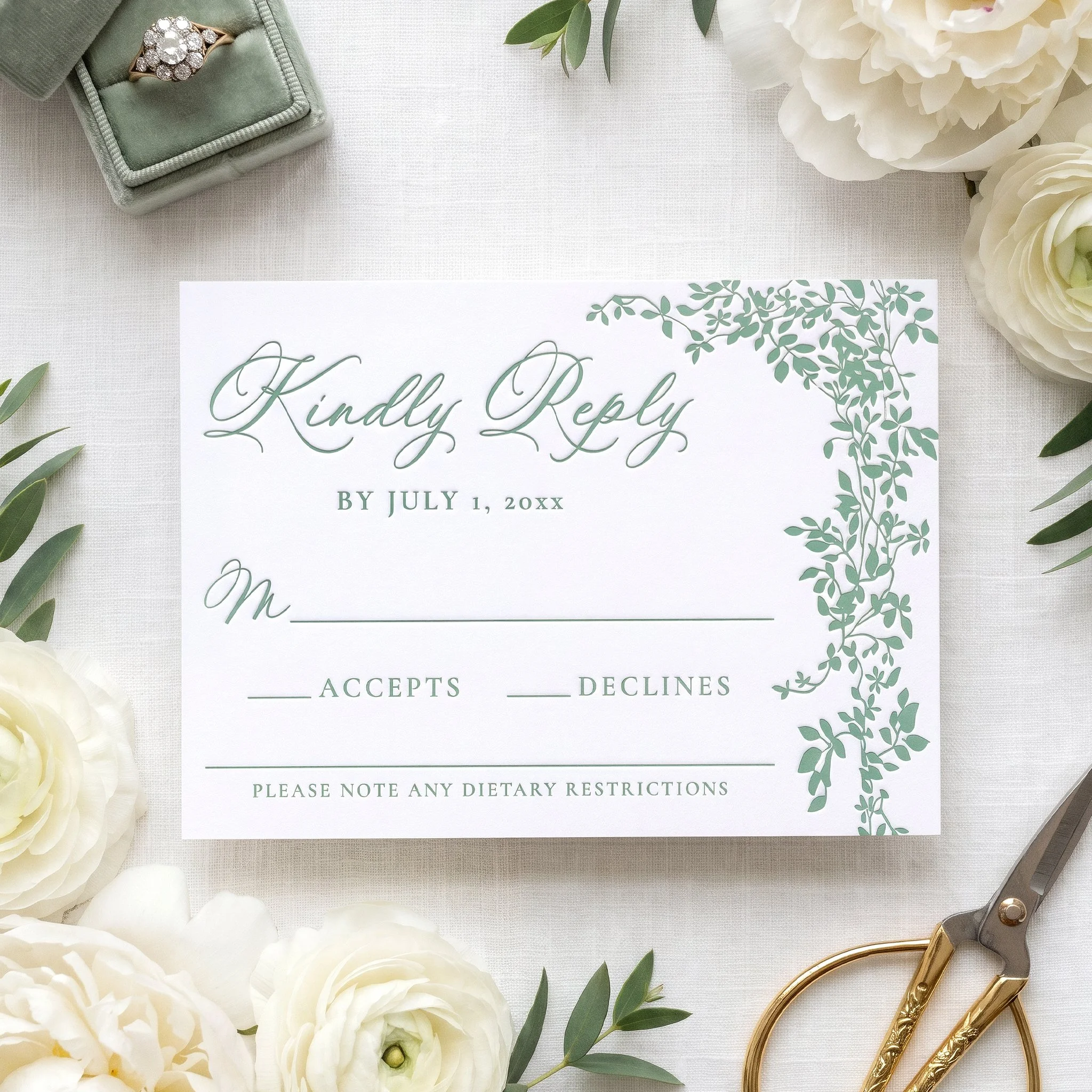 Elegant Cascading Vines Letterpress Wedding RSVP Cards