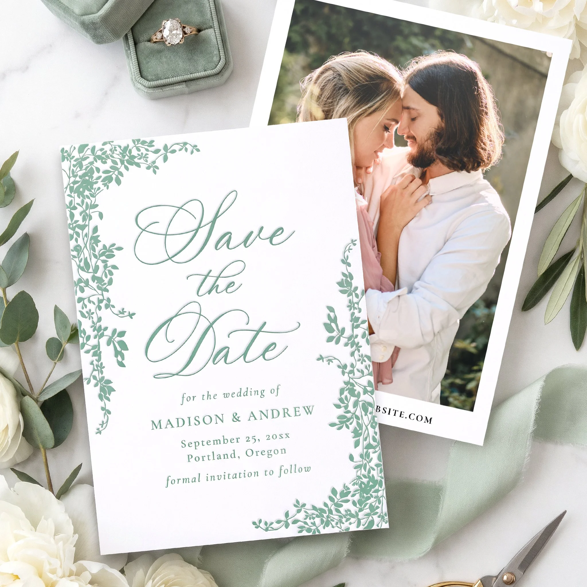Elegant Cascading Vines Wedding Save the Date Letterpress Photo Cards