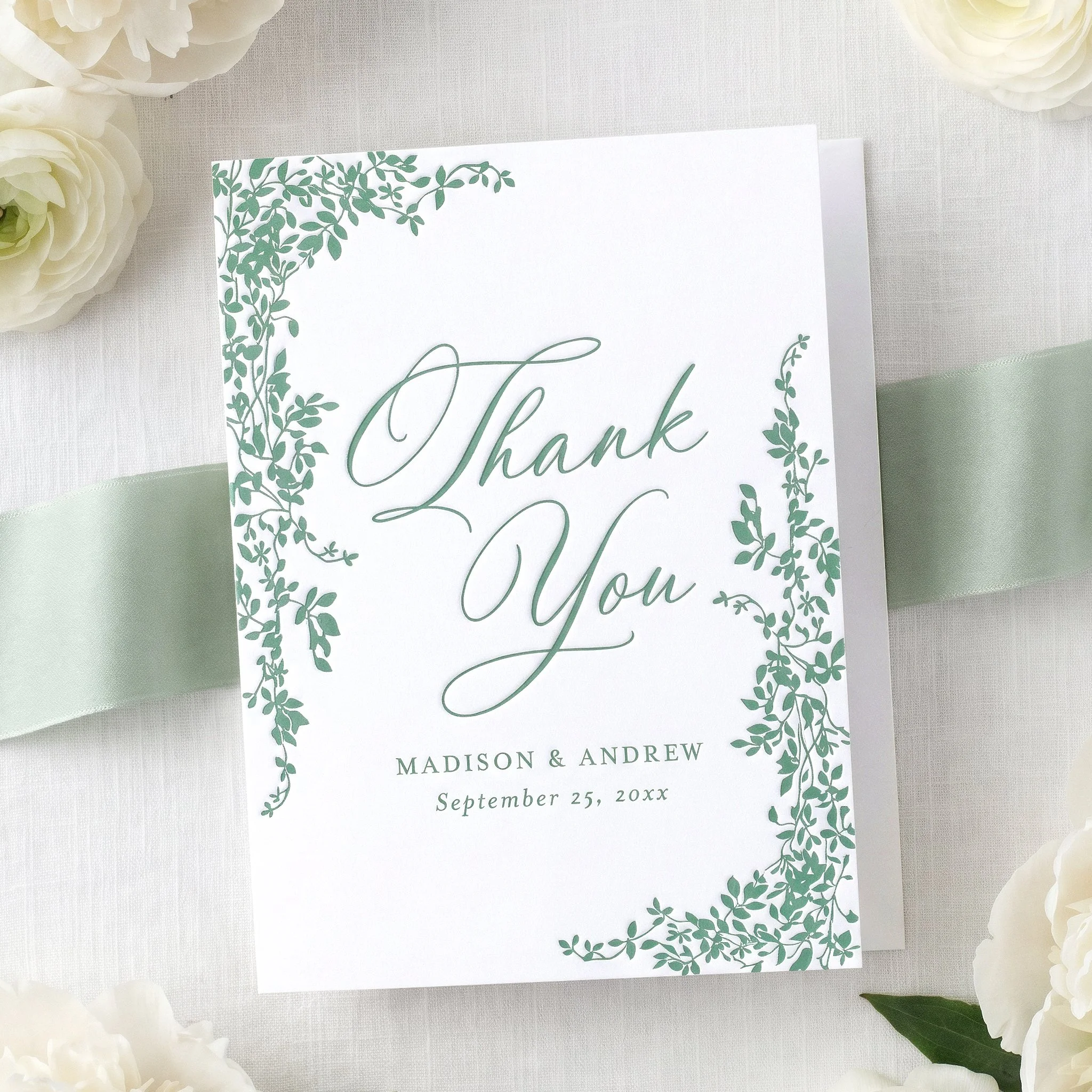Elegant Cascading Vines Letterpress Wedding Thank You Card
